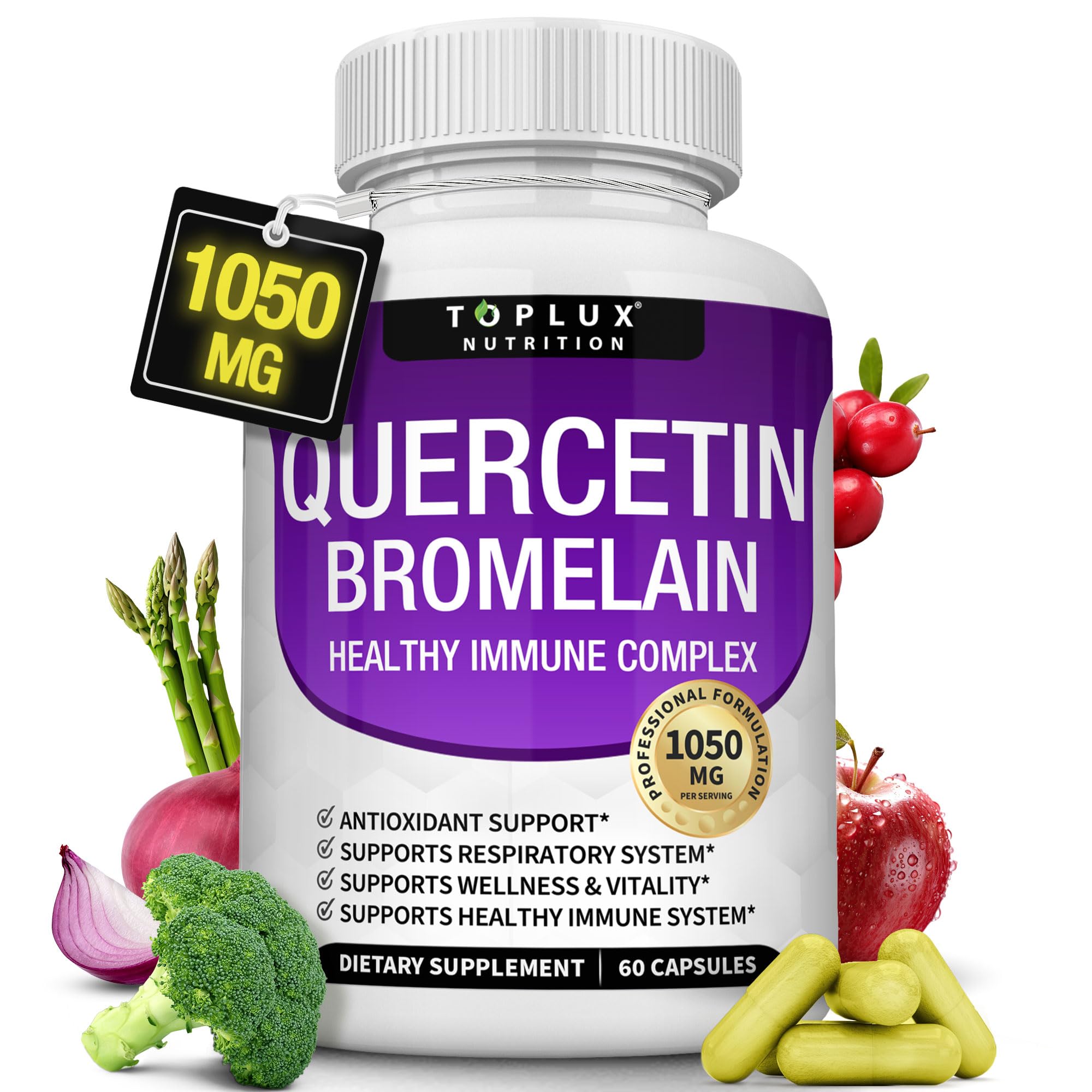 Toplux Bromelain Quercetin Supplement 1000mg 200mg capsules front view
