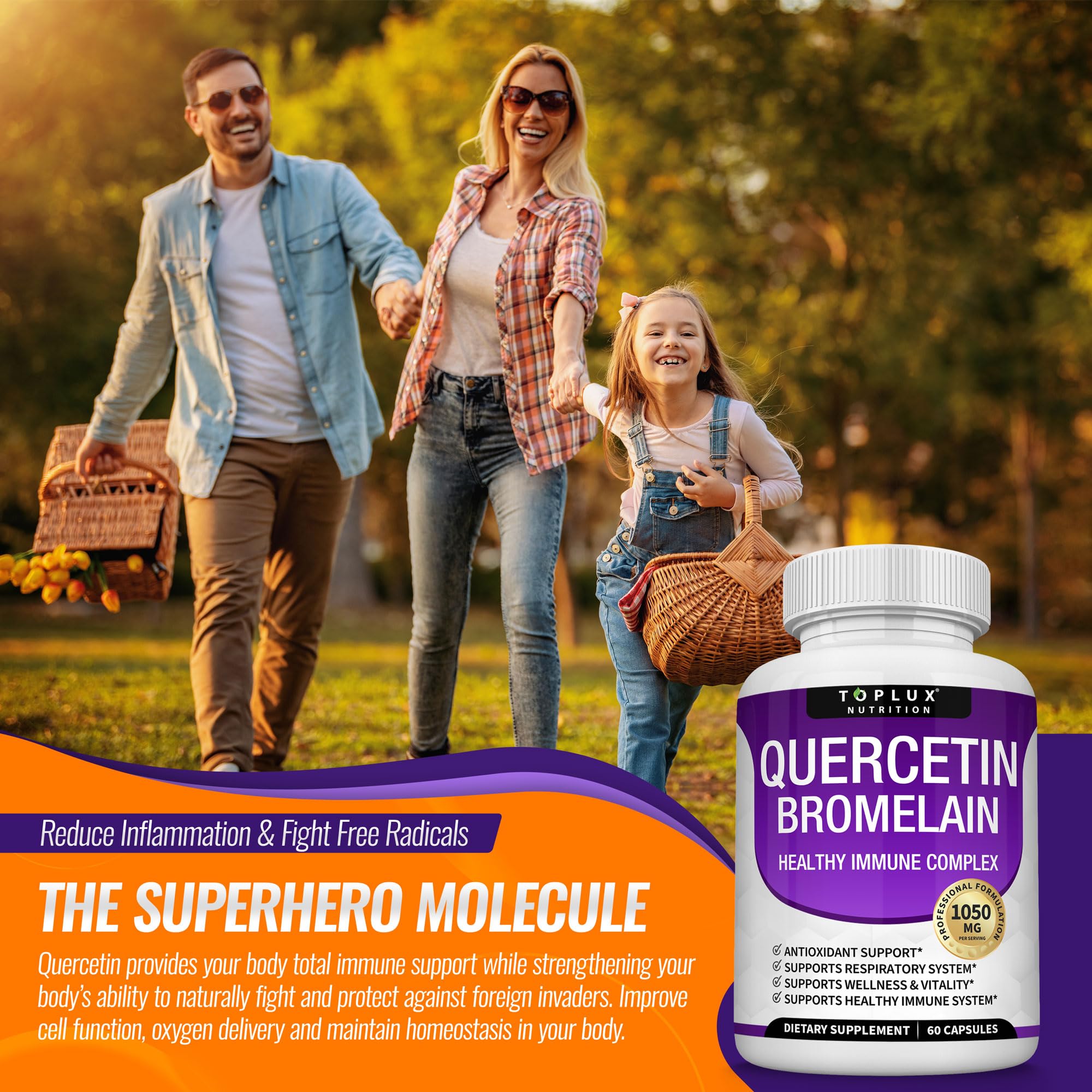 Toplux Bromelain Quercetin Supplement 1000mg 200mg capsules on a wooden table