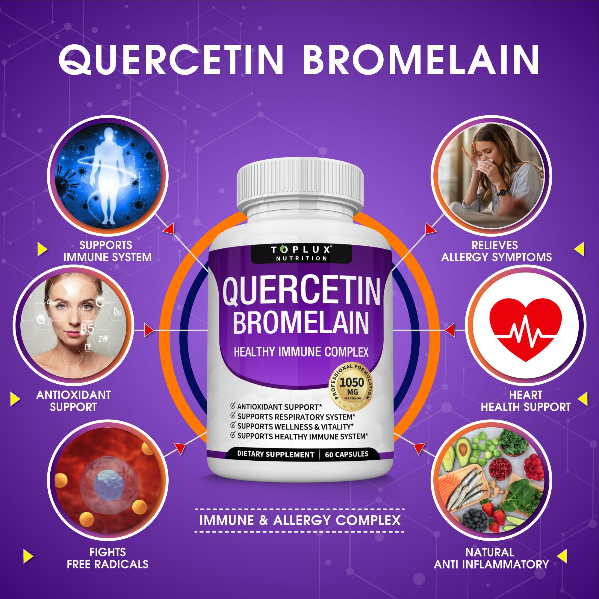 Toplux Bromelain Quercetin Supplement 1000mg 200mg capsules side view