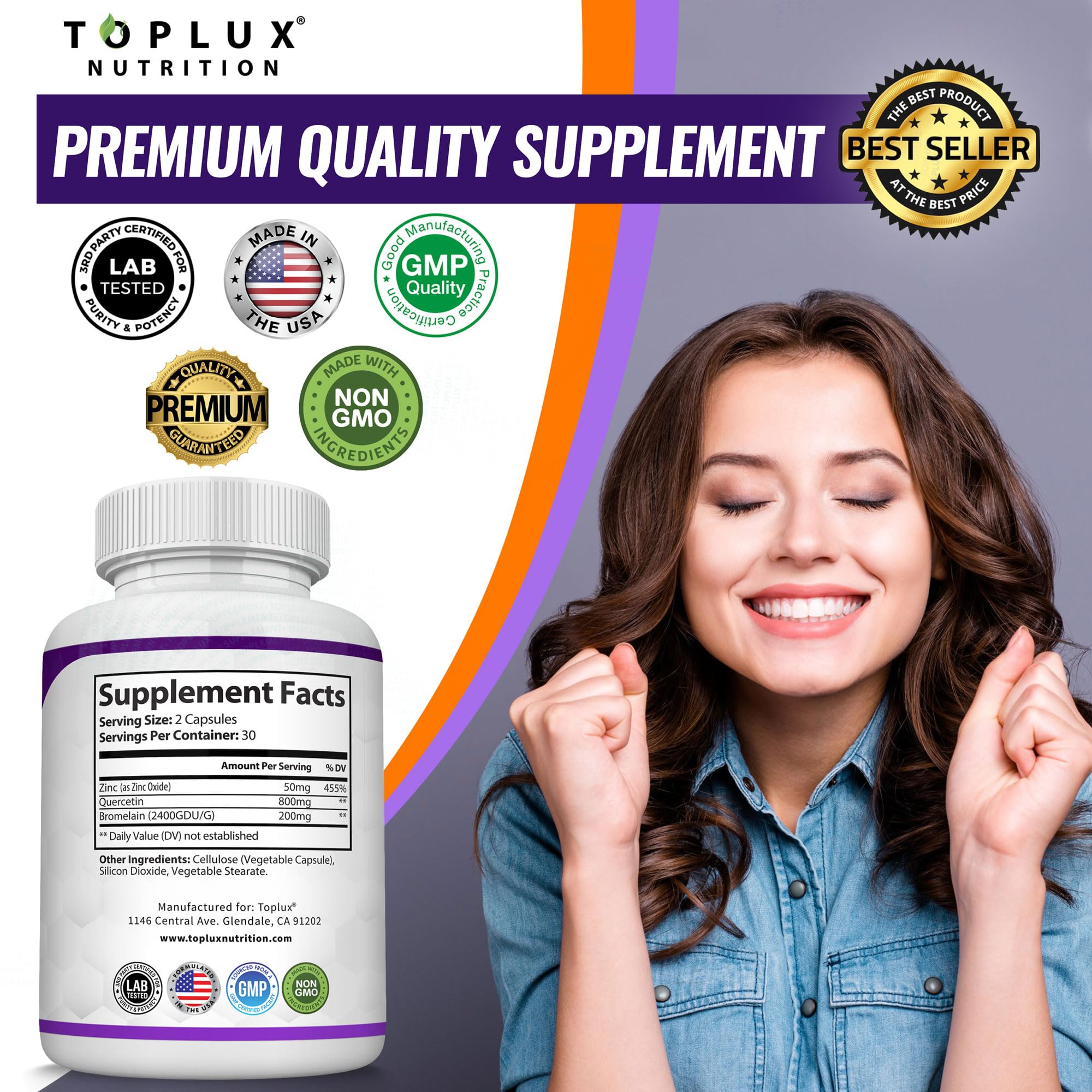 Toplux Bromelain Quercetin Supplement 1000mg 200mg capsules with fresh fruits