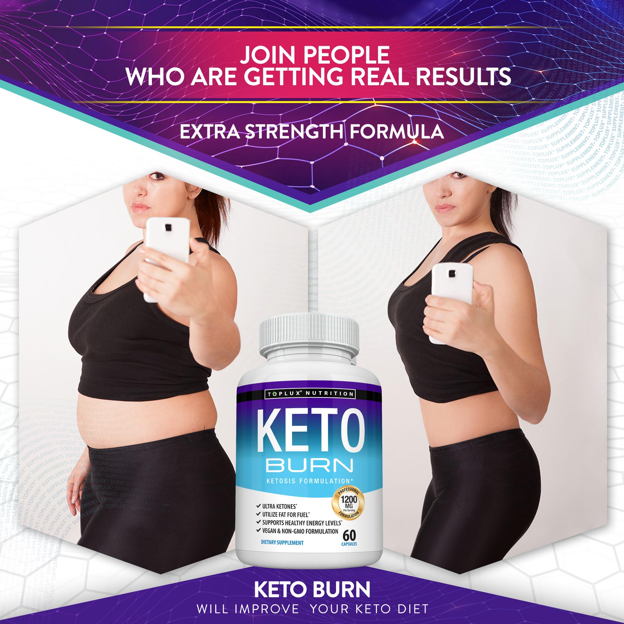 Toplux Keto Burn Supplement capsules on a table