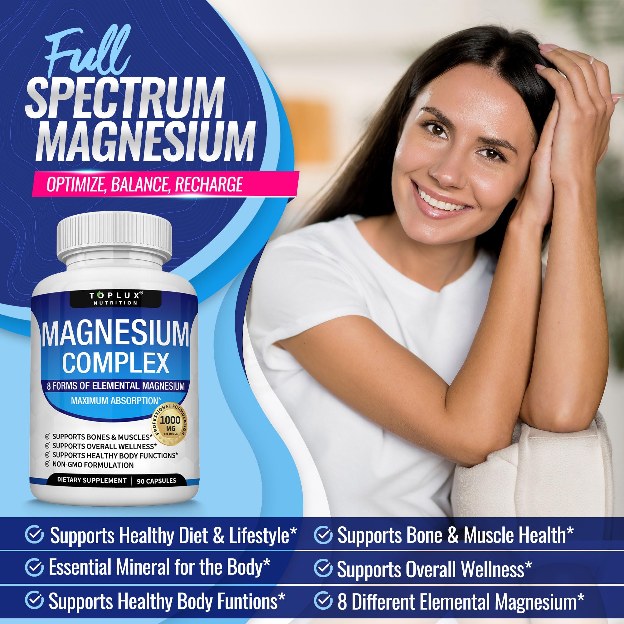 Toplux Magnesium Complex 132g side view showing capsule count