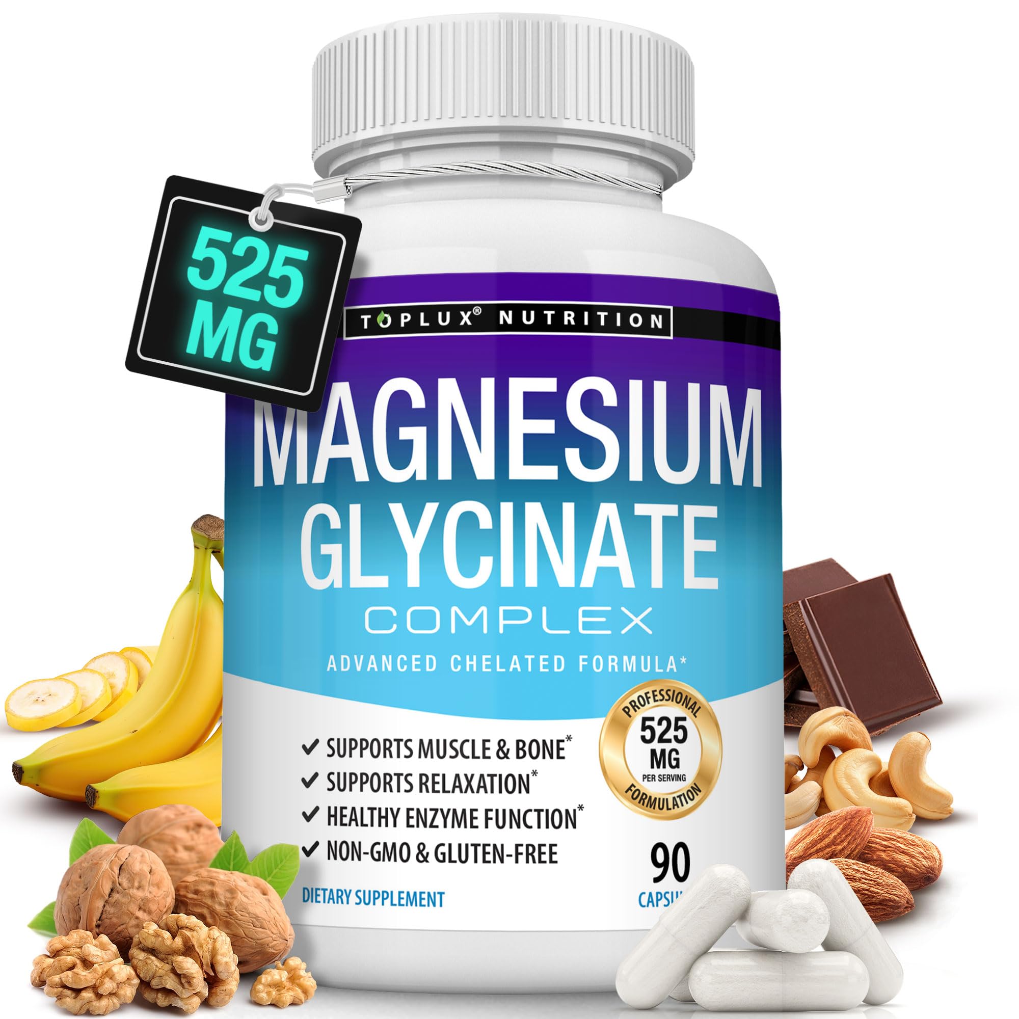 Toplux Magnesium Glycinate Supplement 525mg front view