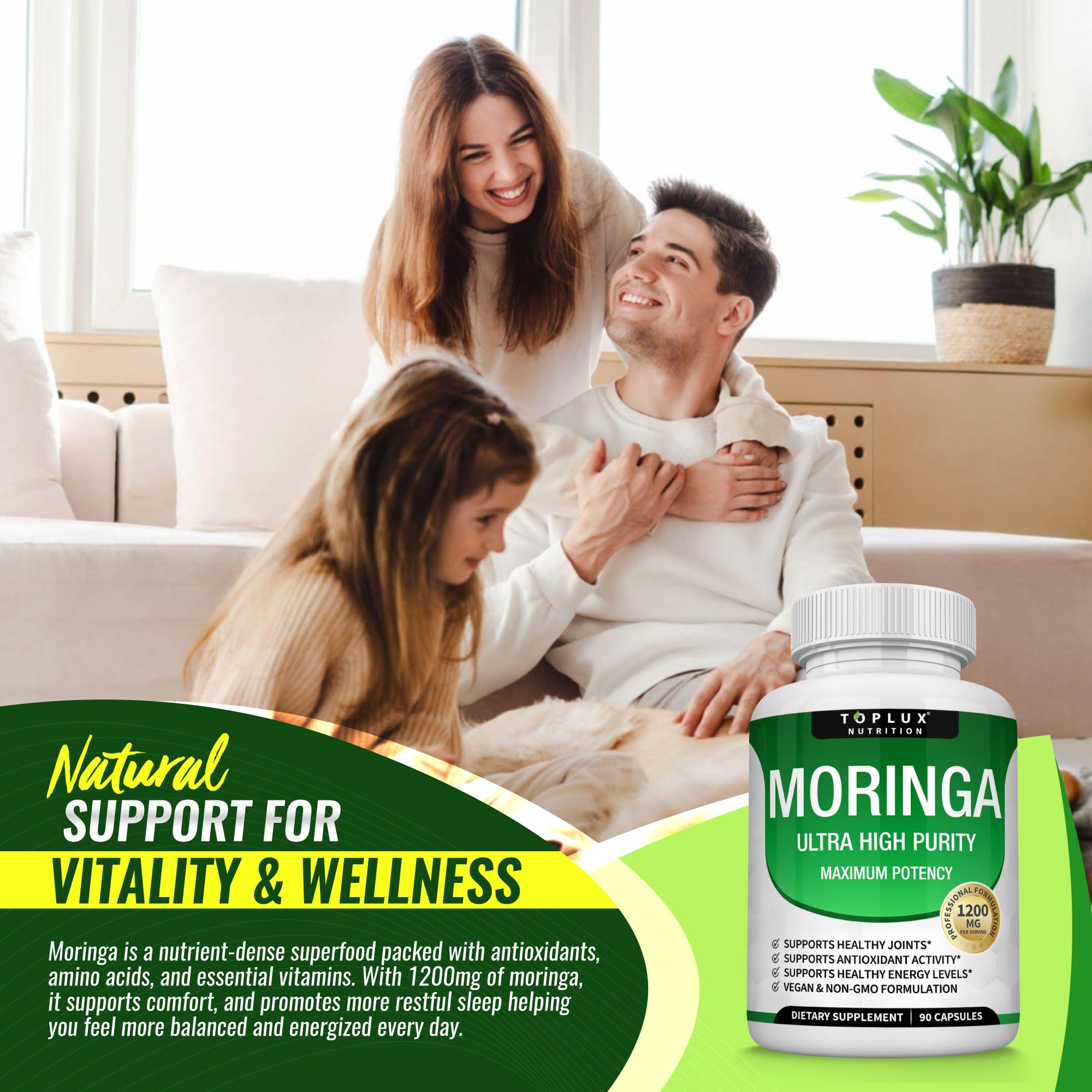 Toplux Moringa Oleifera Capsules 1200mg with natural background