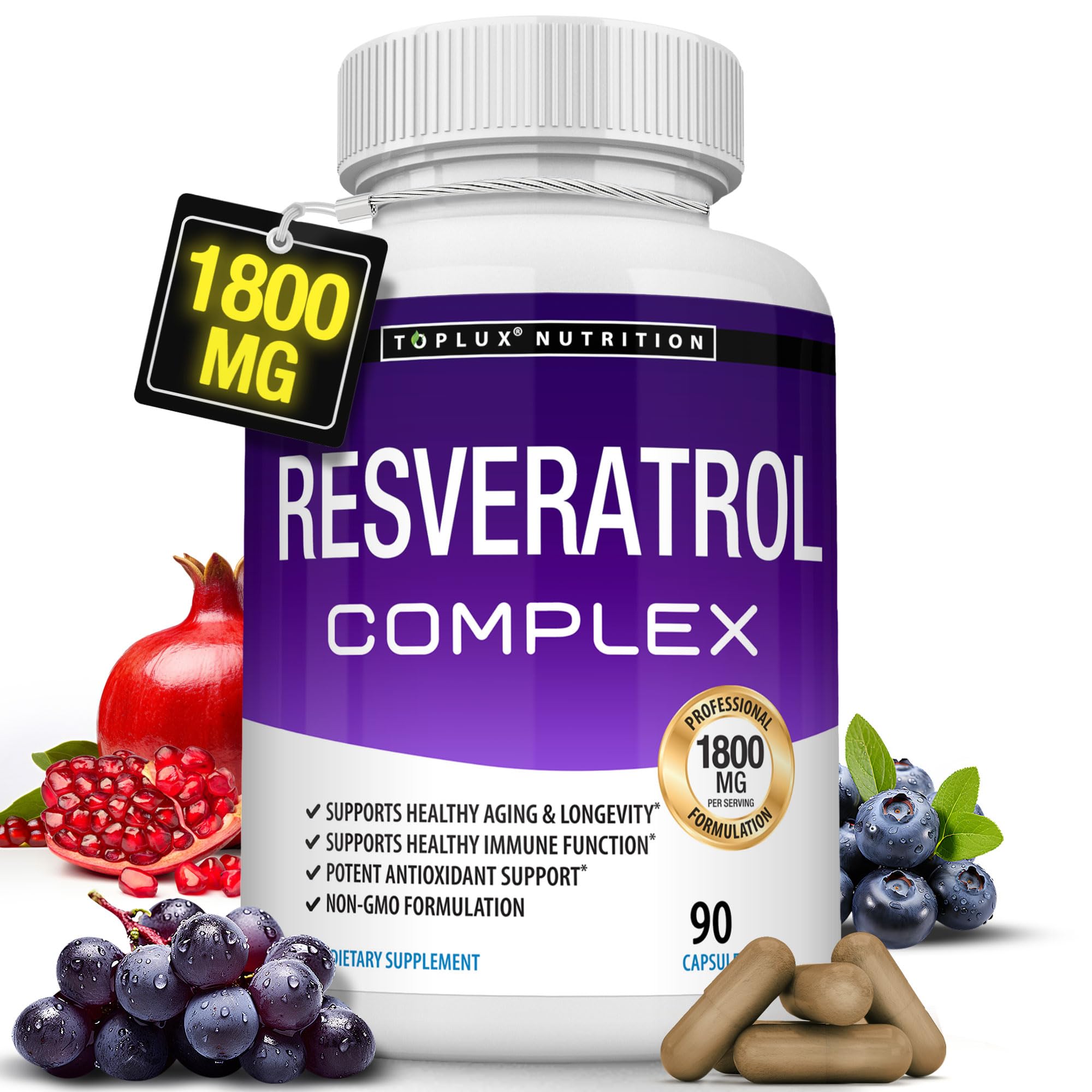 Toplux Resveratrol Complex 1800mg supplement bottle front view