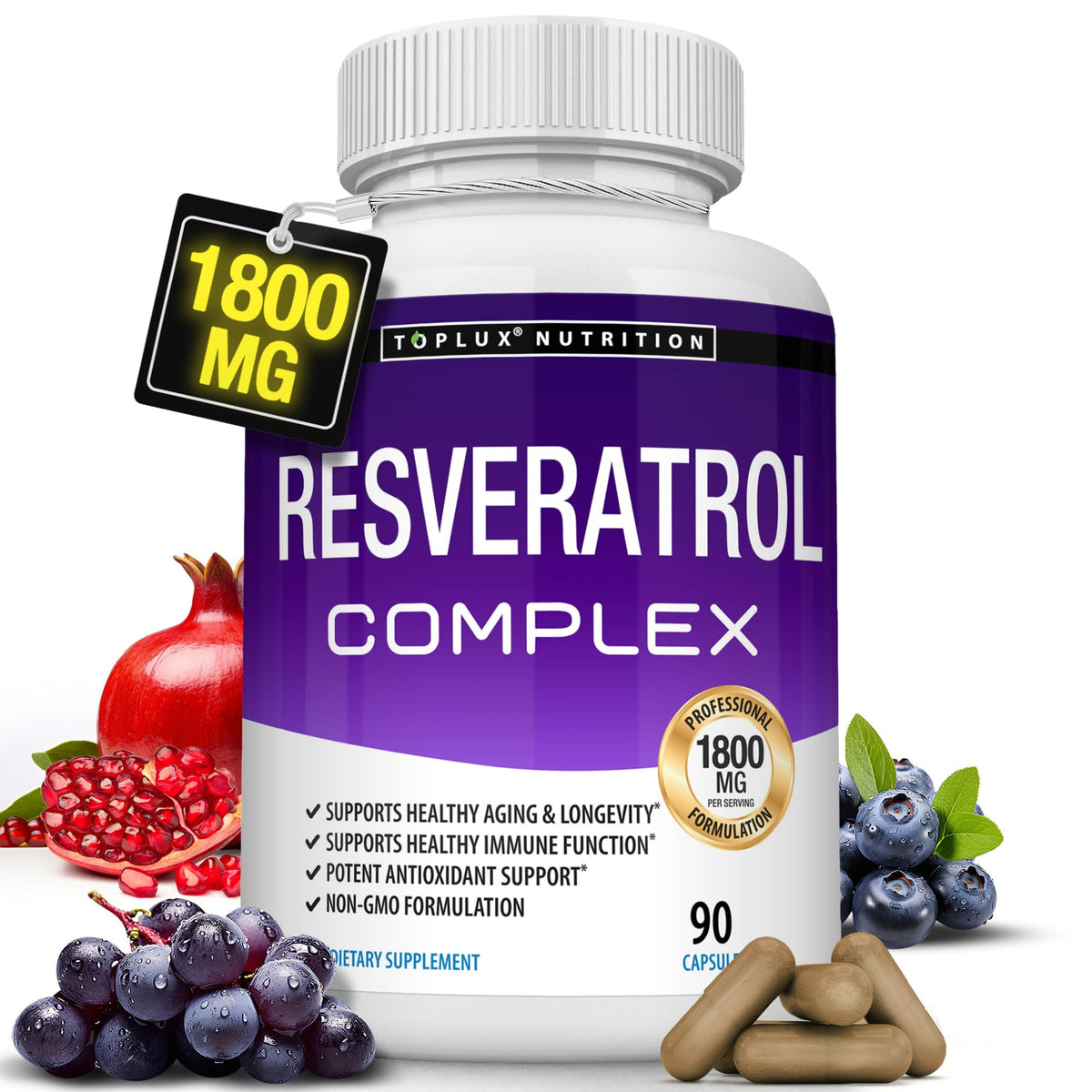 Toplux Resveratrol Complex 1800mg supplement bottle front view