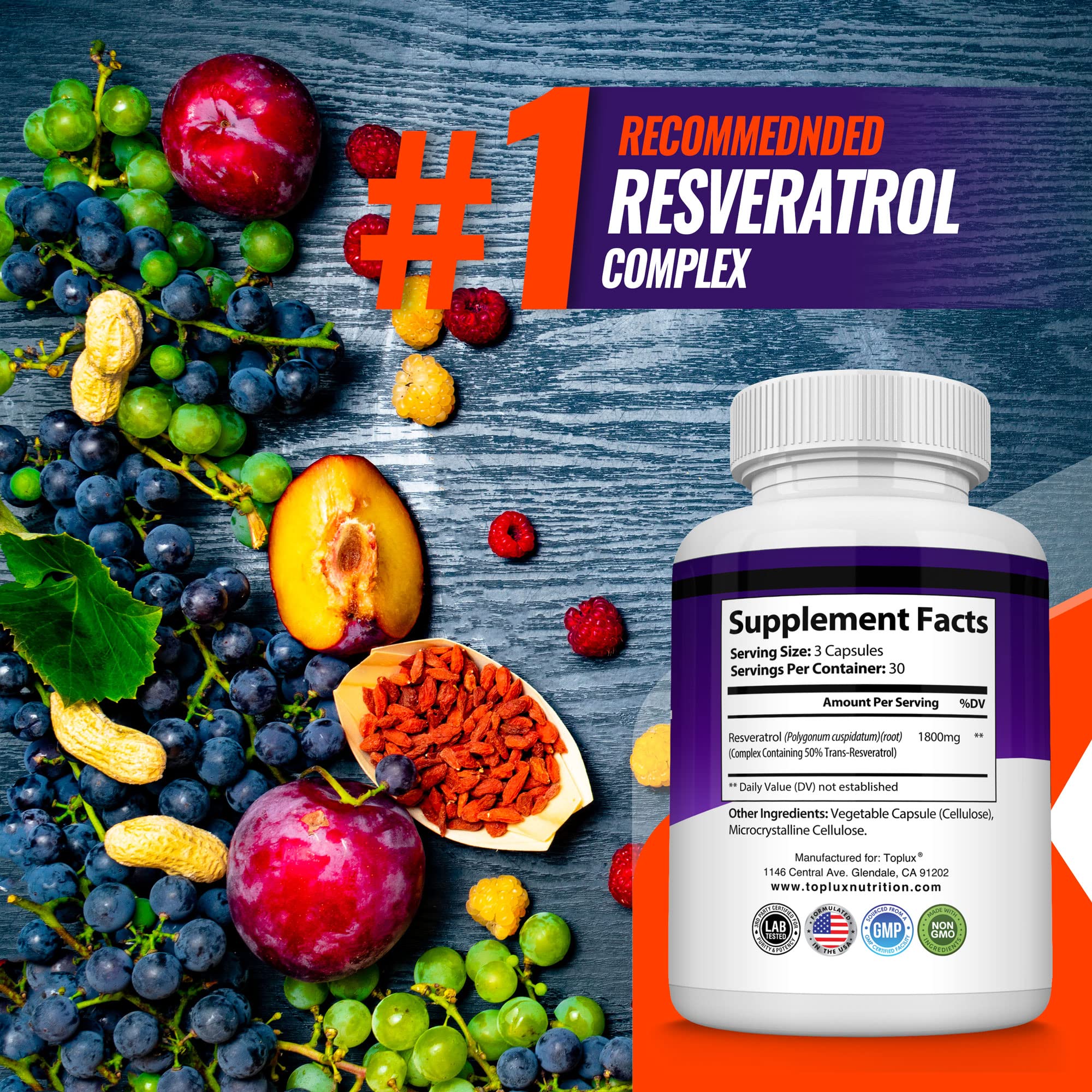 Toplux Resveratrol Complex 1800mg supplement bottle with measuring spoon