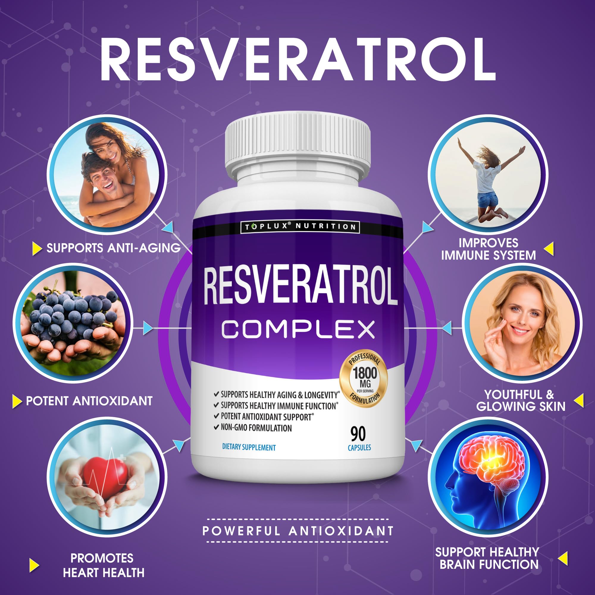 Toplux Resveratrol Complex 1800mg supplement capsules close-up