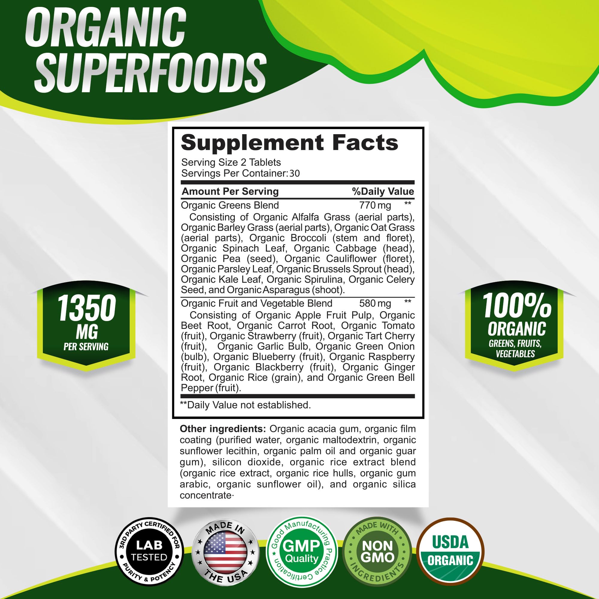 Toplux Super Greens Organic Superfood Blend Tablets bottle with label