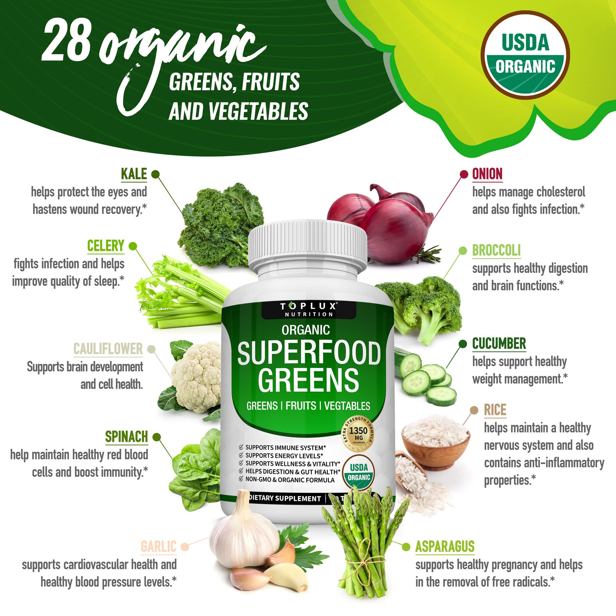 Toplux Super Greens Organic Superfood Blend Tablets close-up of tablets