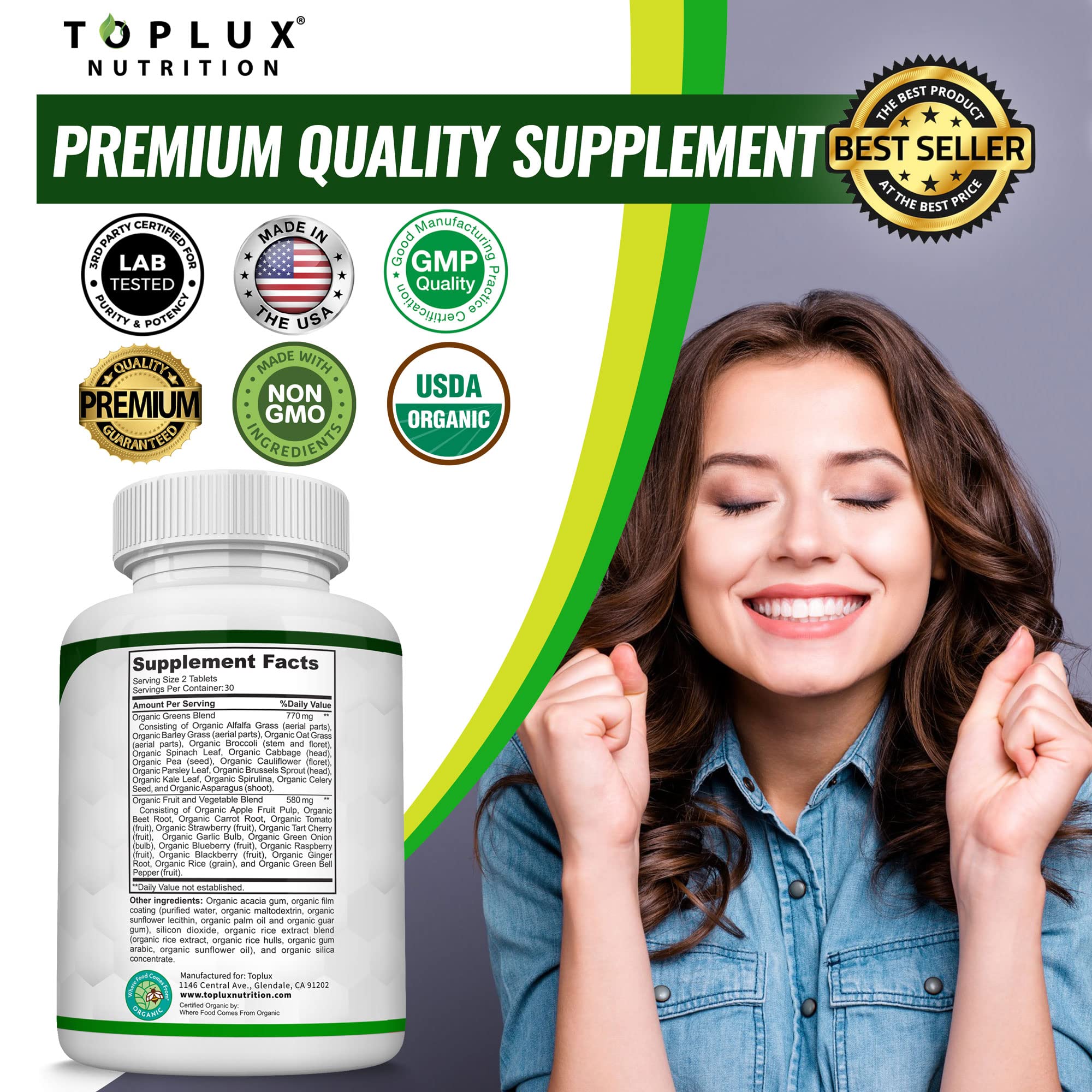 Toplux Super Greens Organic Superfood Blend Tablets in a kitchen setting