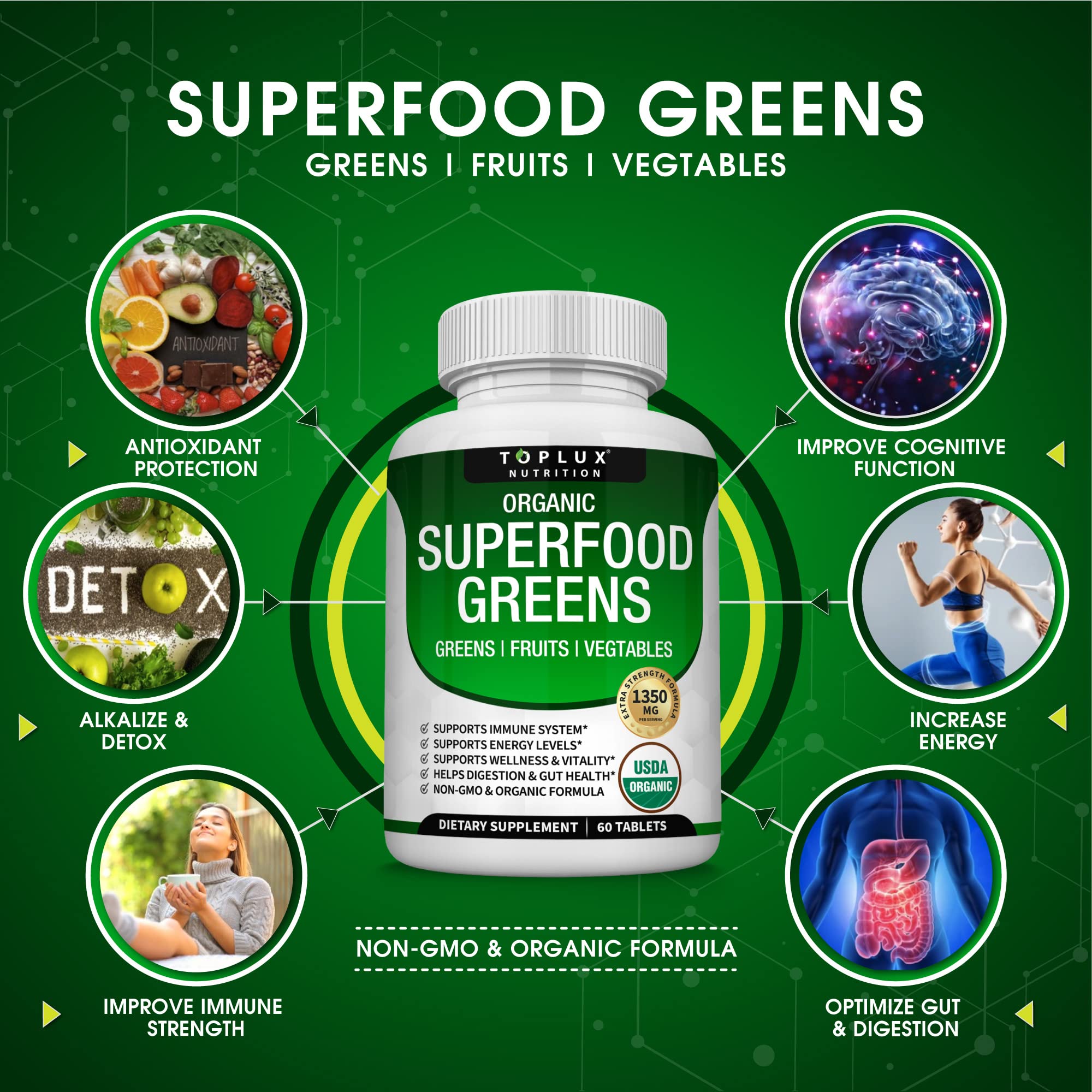 Toplux Super Greens Organic Superfood Blend Tablets side view