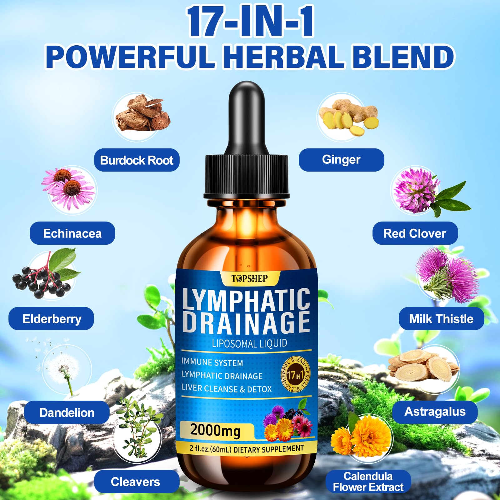 TOPSHEP 17-in-1 Liposomal Lymphatic Drainage Drops with measuring dropper