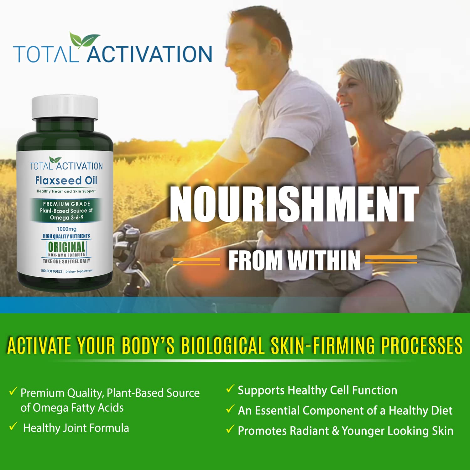 Total Activation Flaxseed Oil Capsules 1000mg on a wooden table