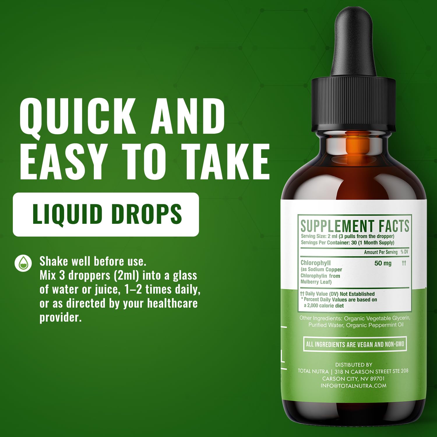 Total Nutra Liquid Chlorophyll Drops 50mg Mint Flavour in a glass of water