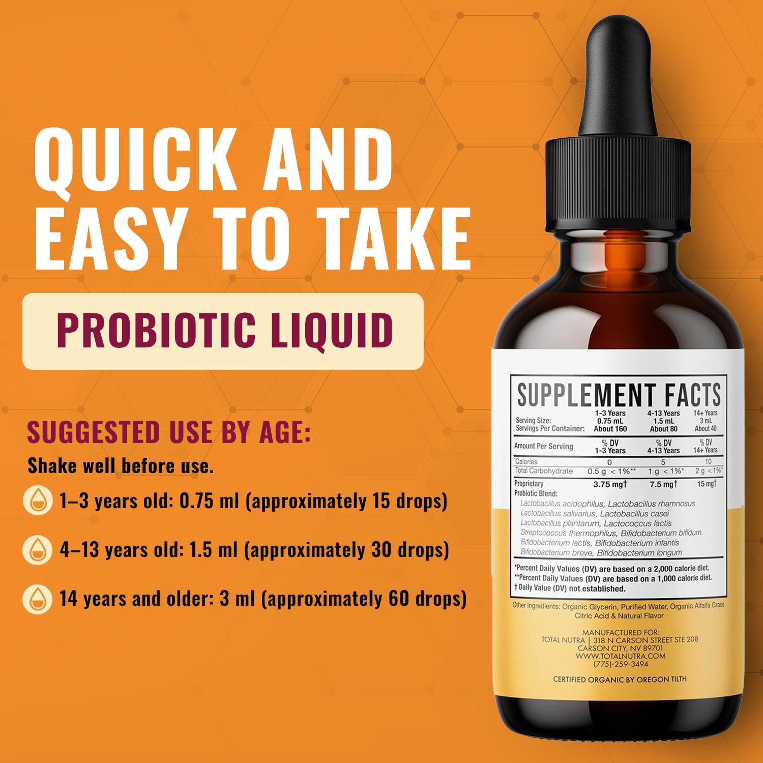 Total Nutra Liquid Probiotics 12-Strain 113g with fresh fruits