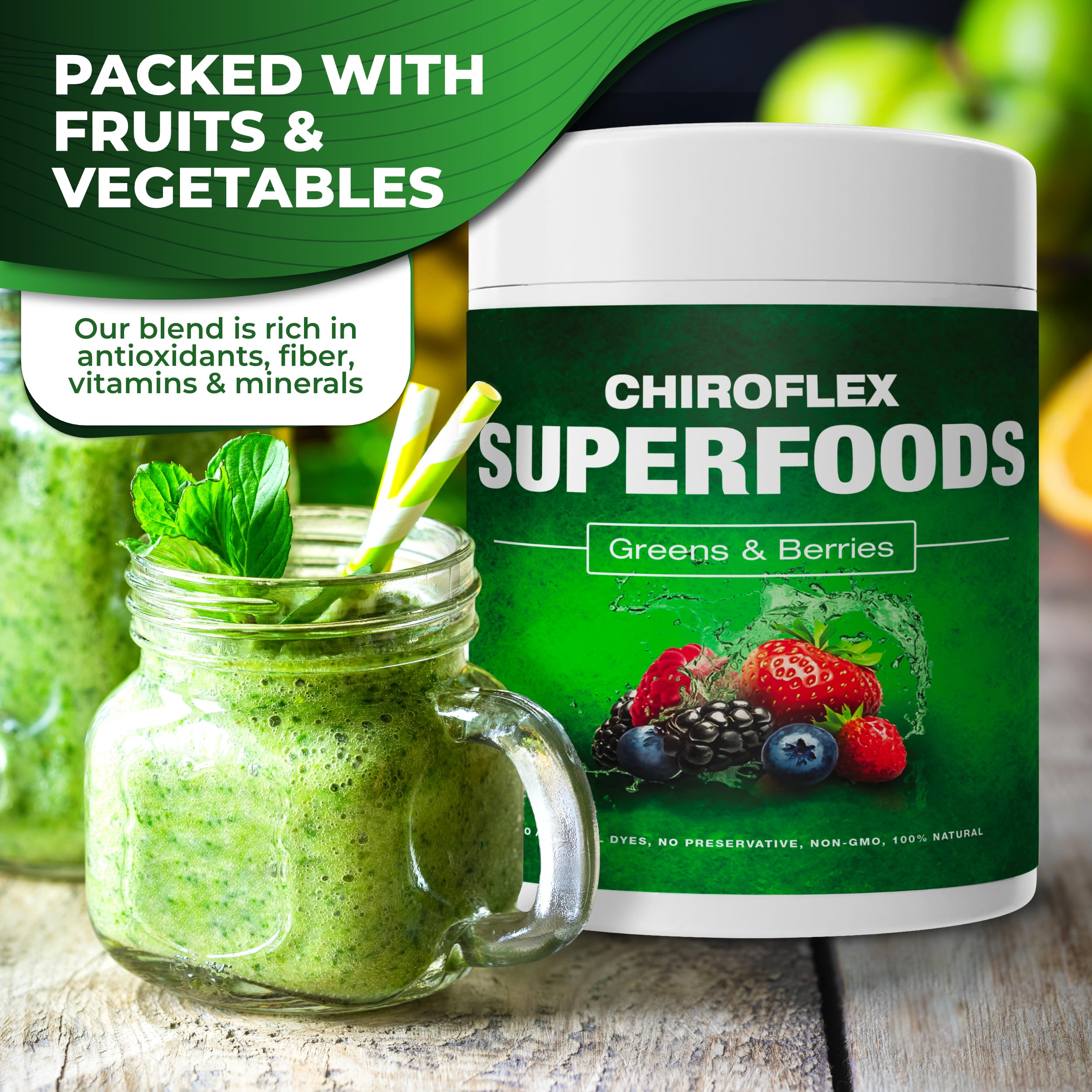 Total Tea Chiroflex Superfood Greens Powder 272g mixed in a glass