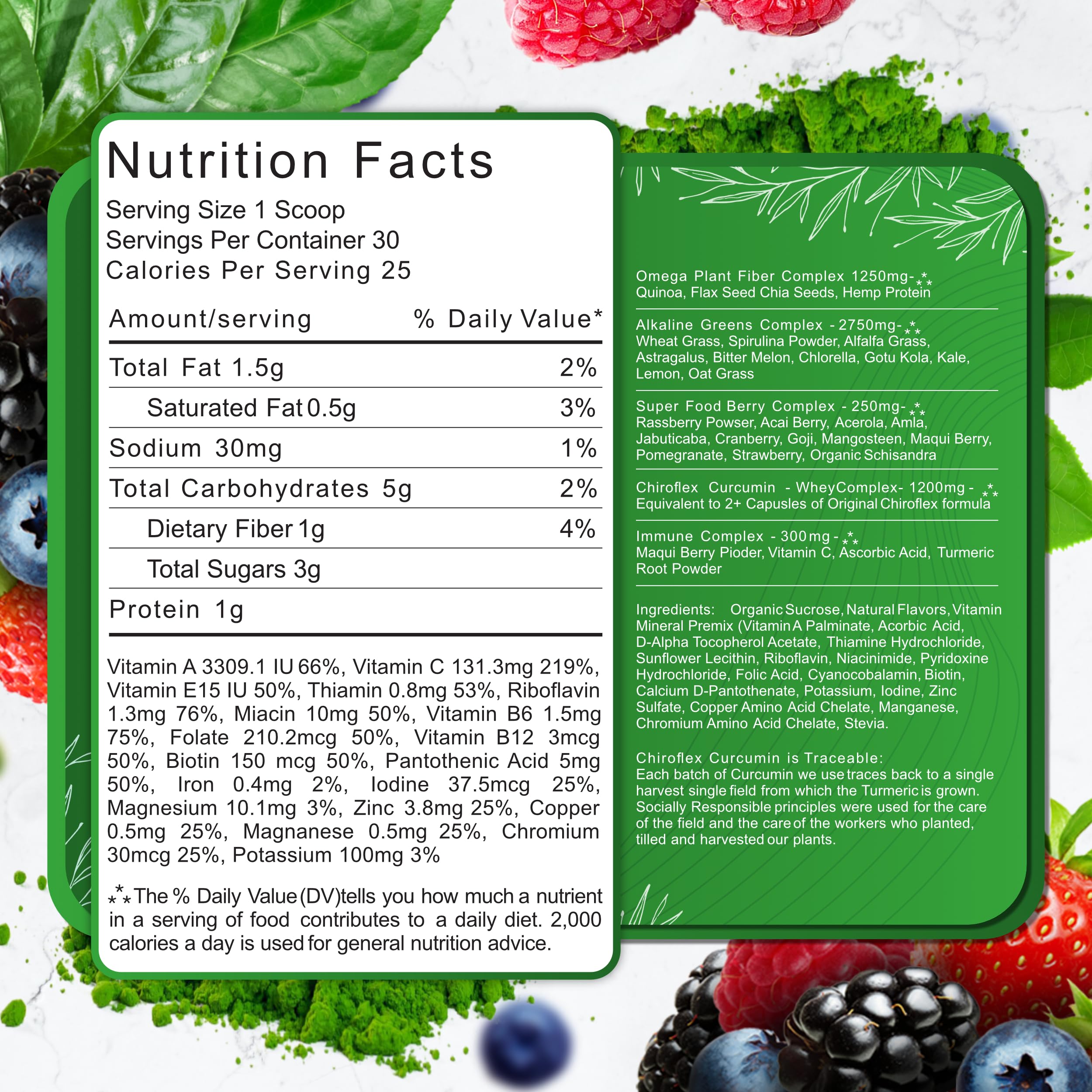 Total Tea Chiroflex Superfood Greens Powder 272g scoop with powder