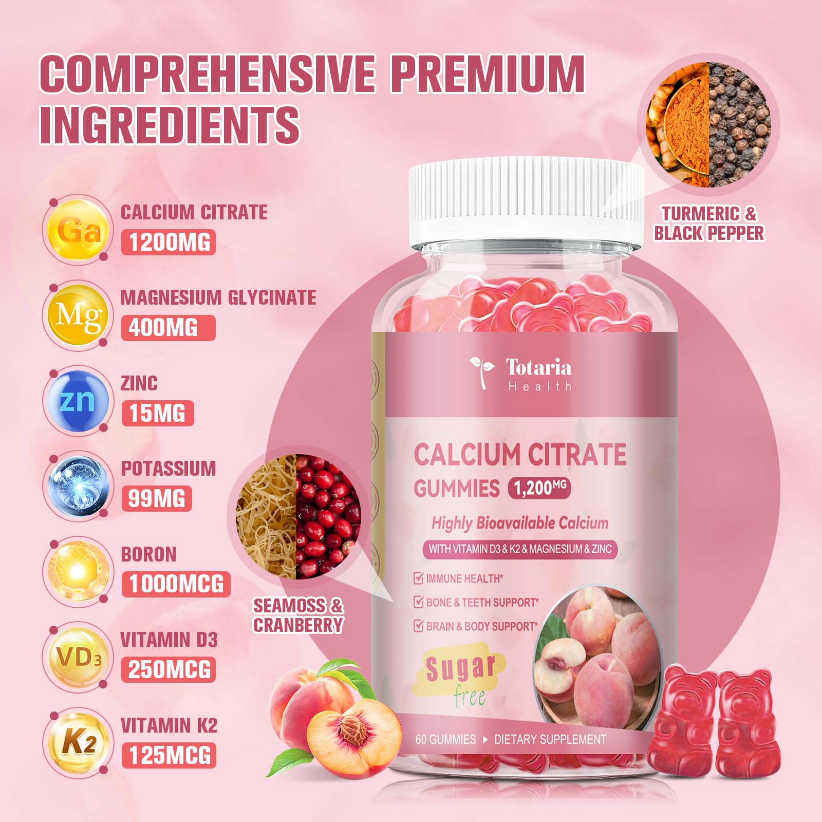 Totaria Calcium Citrate Gummies showing peach flavour