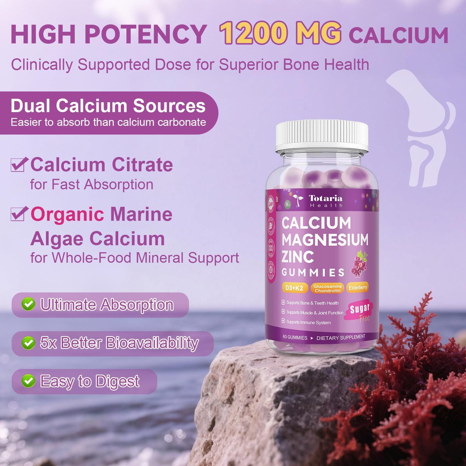 Totaria Calcium Gummies 1200mg with Vitamin D3 and K2