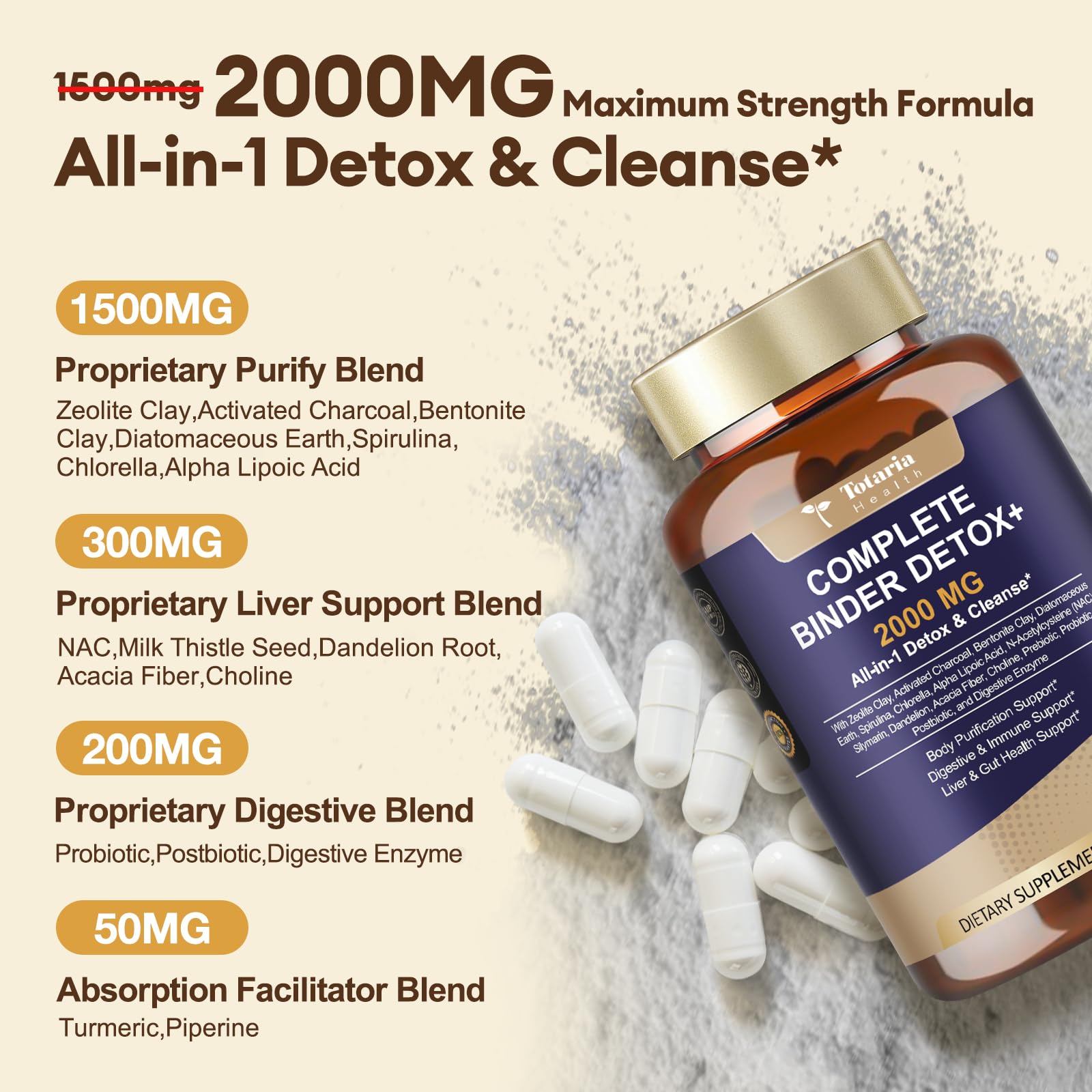 Totaria Charcoal Supplement capsules in a clear bottle