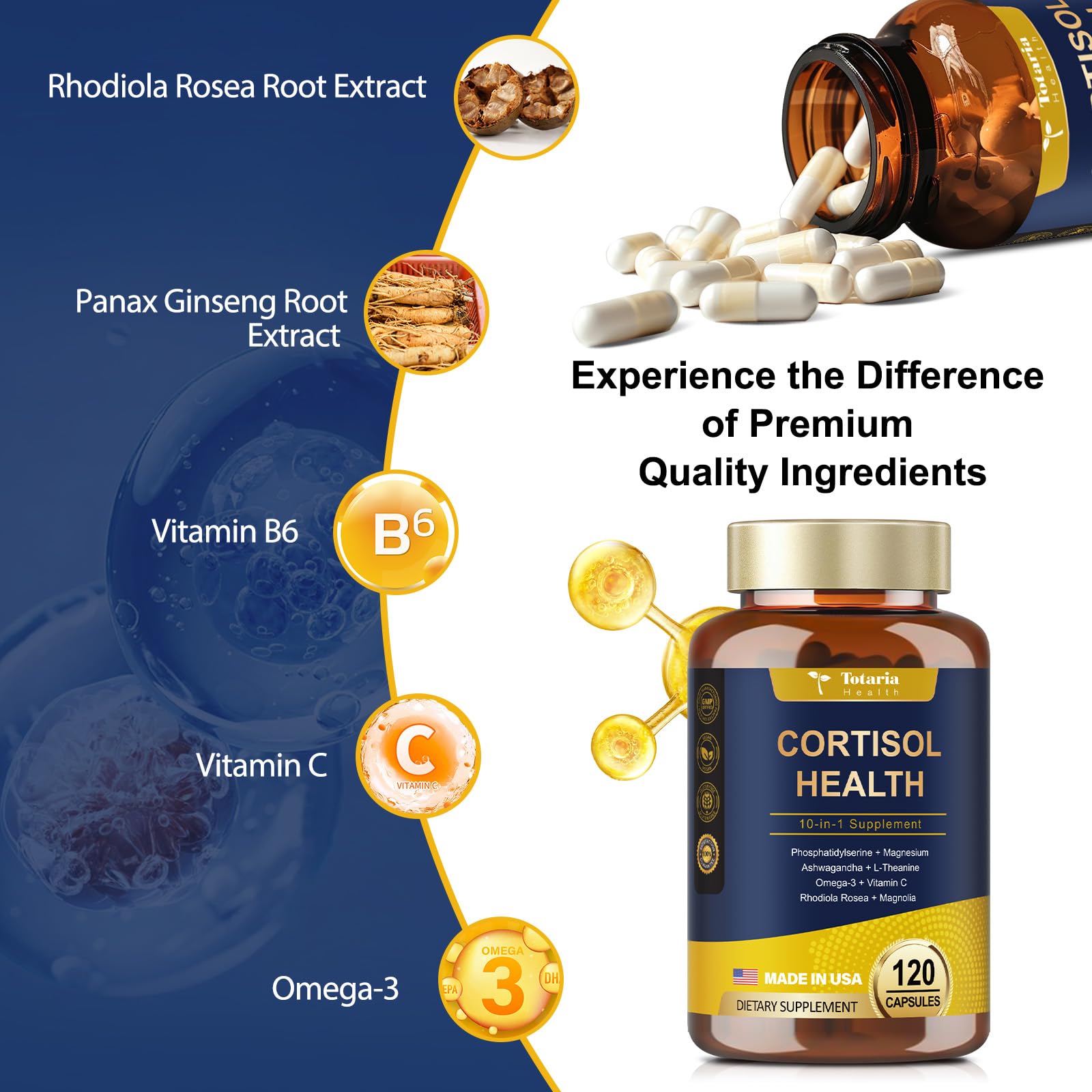Totaria Cortisol Supplement 120 Vegan Capsules bottle with label