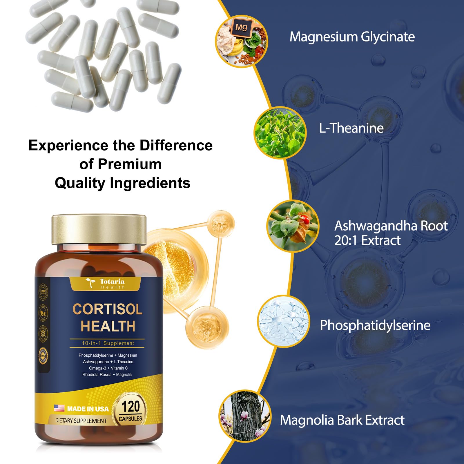 Totaria Cortisol Supplement 120 Vegan Capsules side view