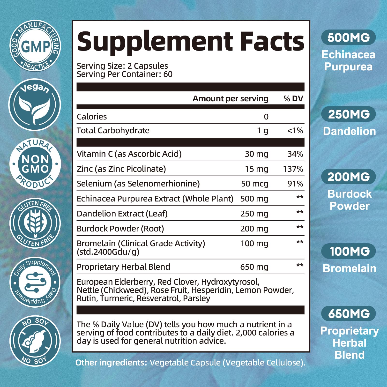 Totaria Echinacea Herbal Supplement 650mg on a wooden table