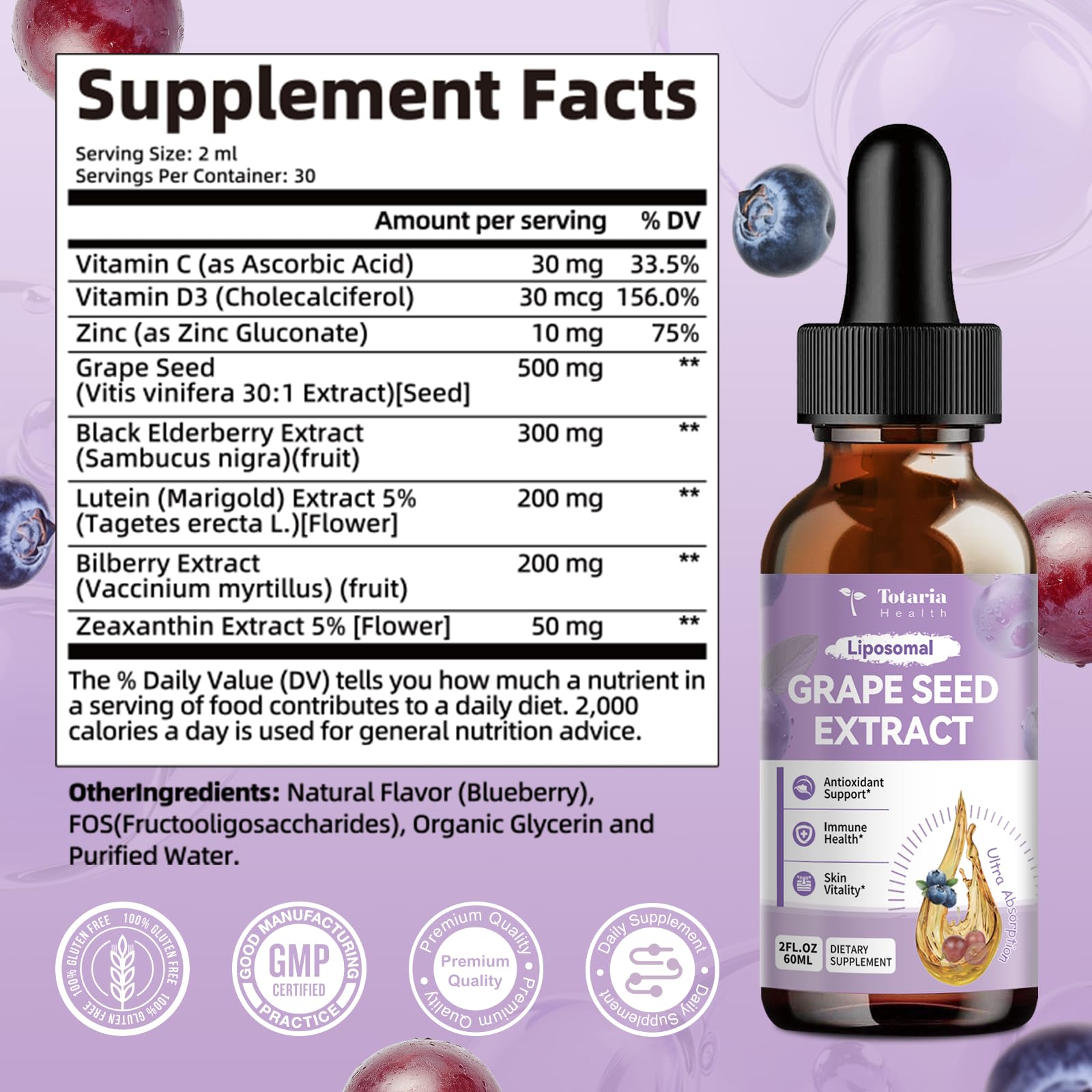 Totaria Grape Seed Extract Drops 500mg ingredients list
