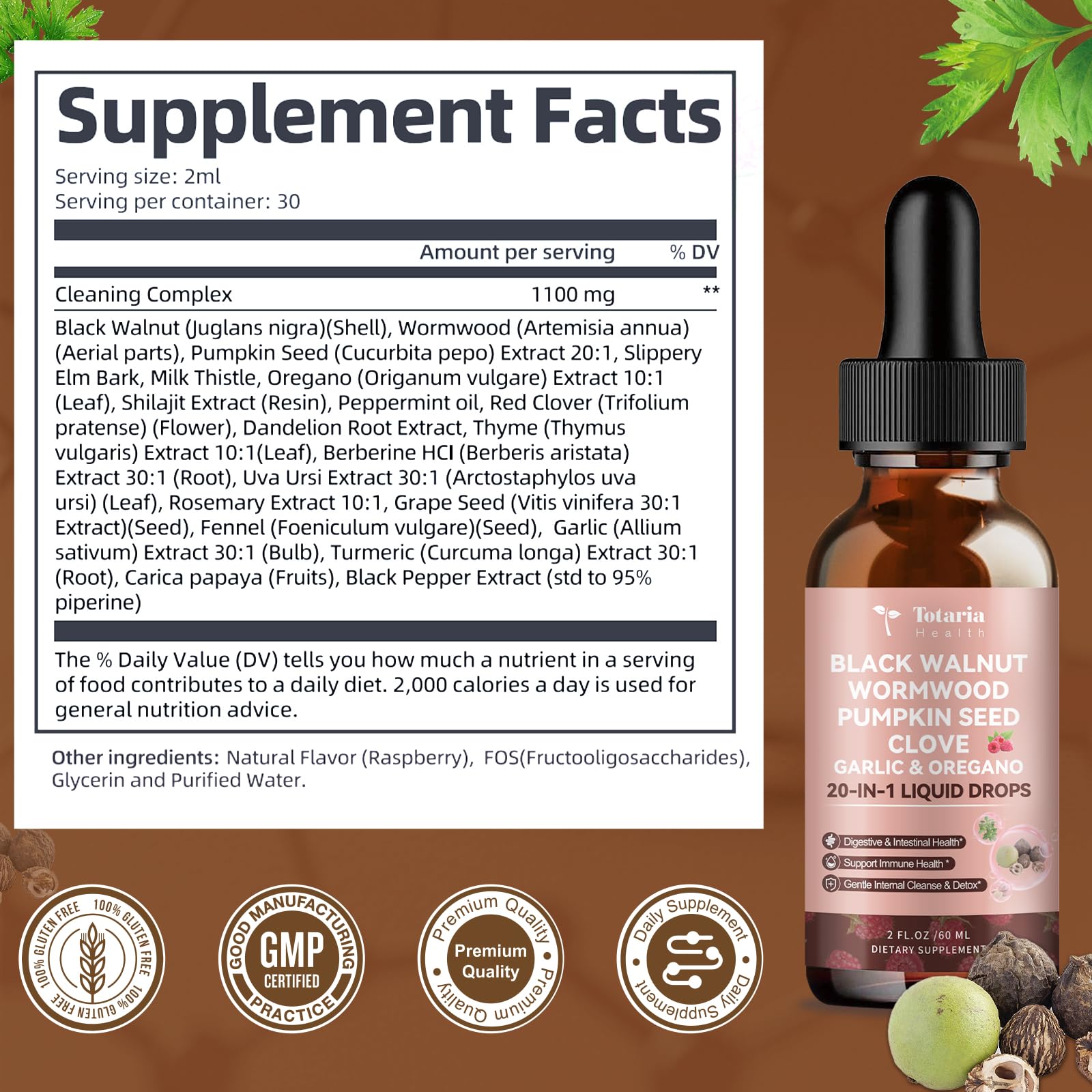 Totaria Herbal Supplement Liquid Drops in a glass