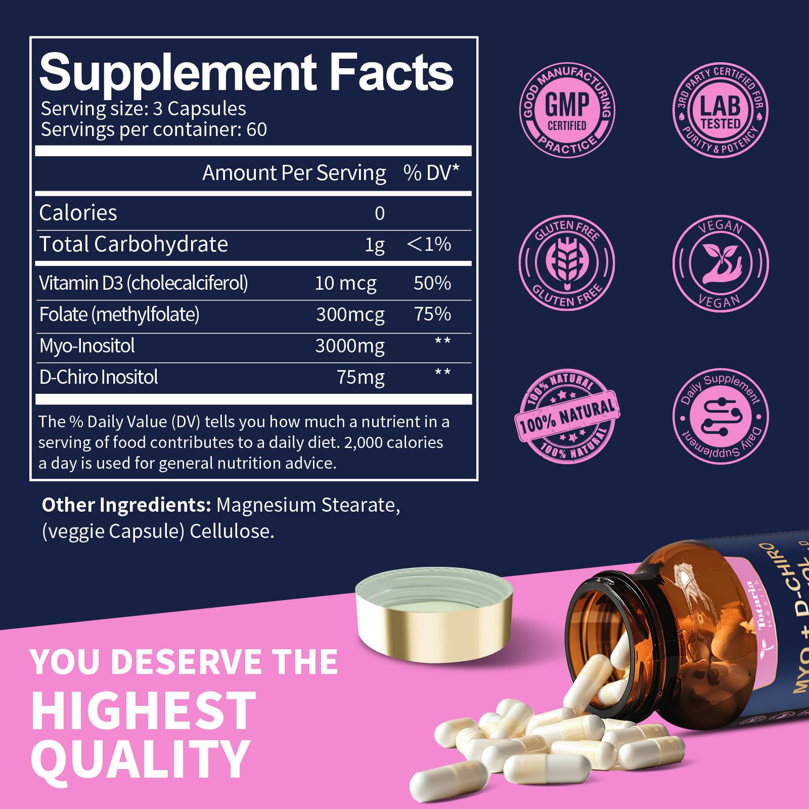 Totaria Inositol Supplement 40:1 Ratio capsules on a surface