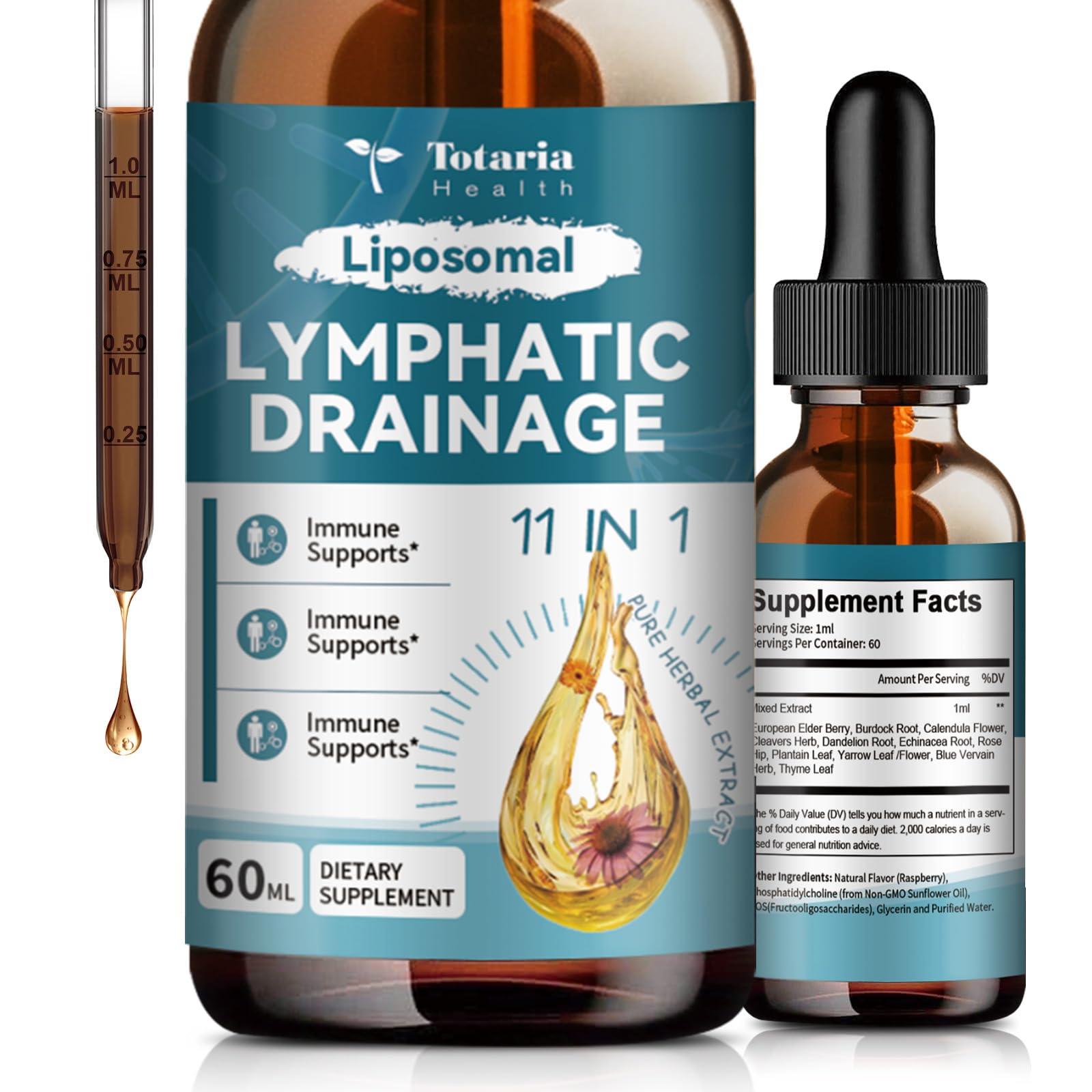 Totaria Lymph Drops 290g displayed with herbs