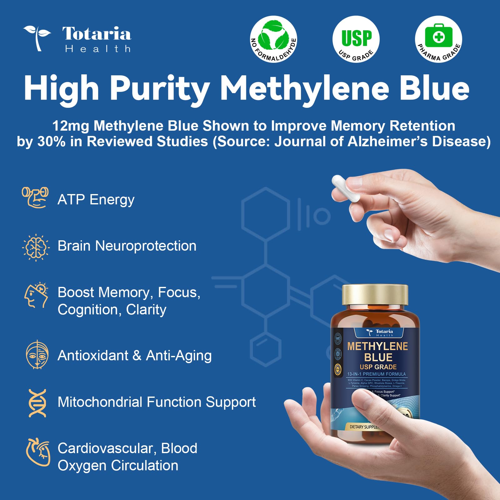 Totaria Methylene Blue Brain Supplement 818mg capsules with packaging