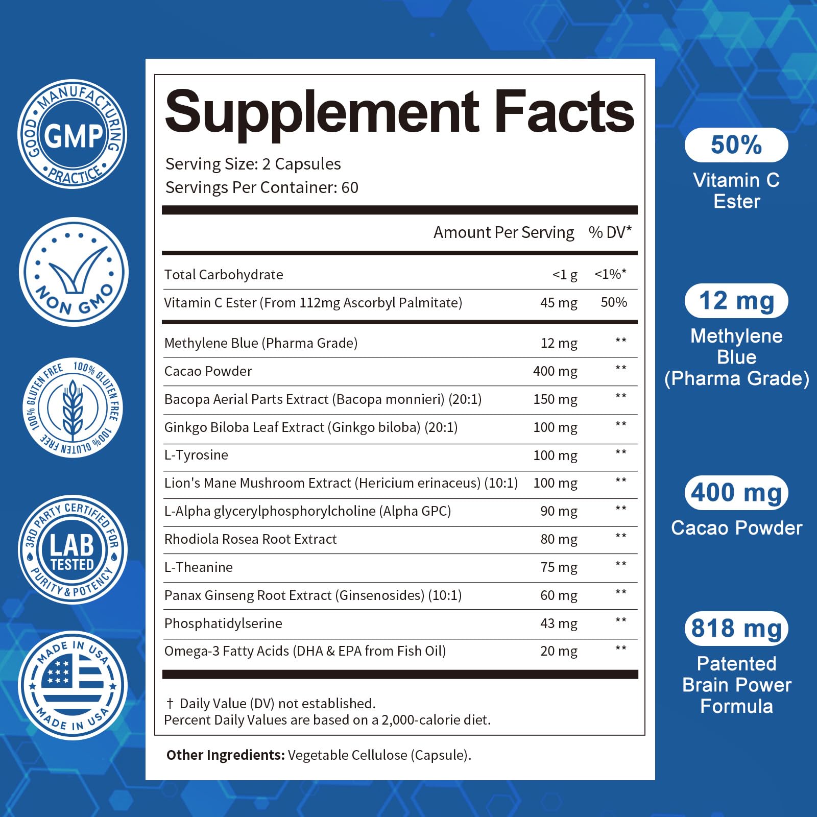 Totaria Methylene Blue Brain Supplement capsules with a glass of water