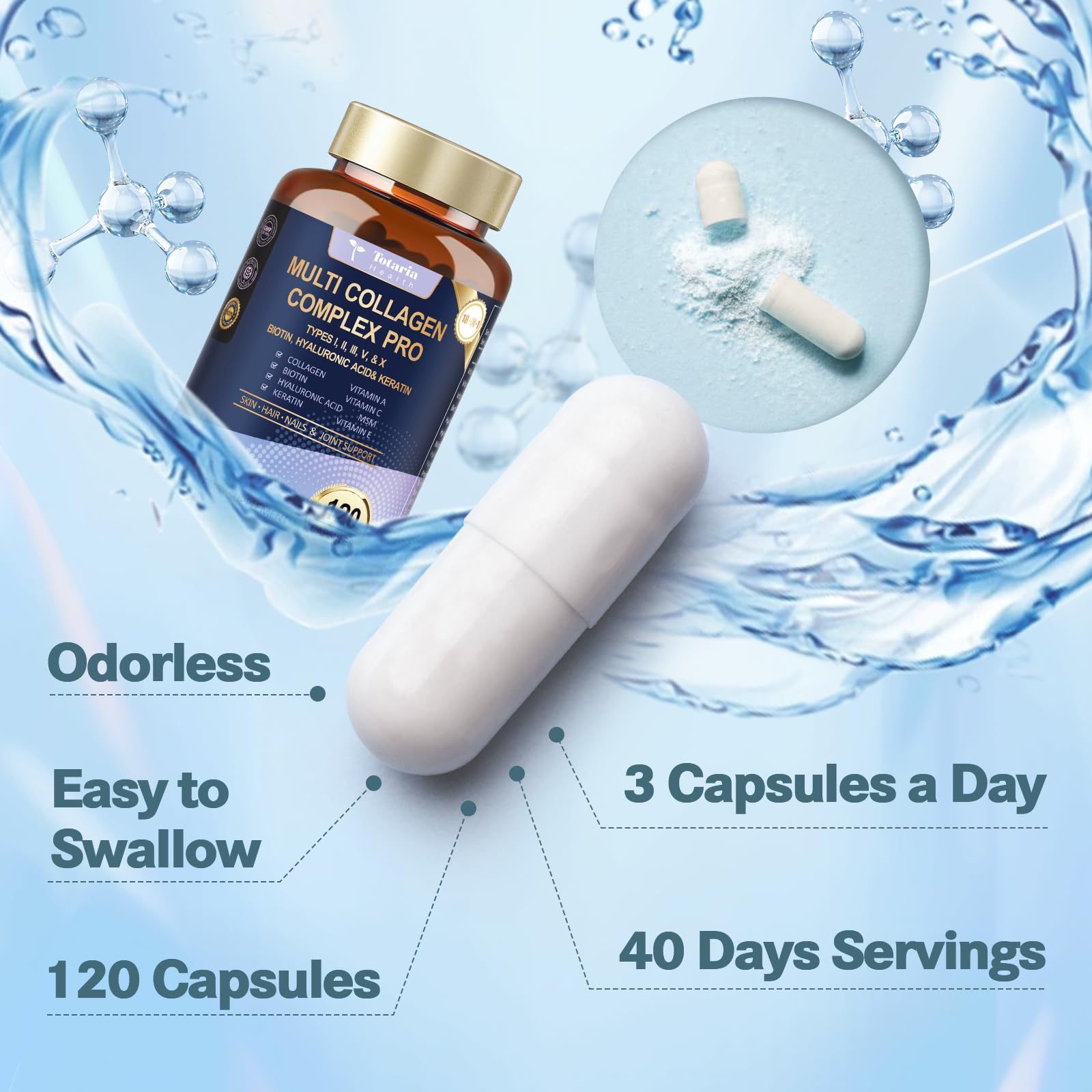 Totaria Multi Collagen Complex packaging with a measuring spoon