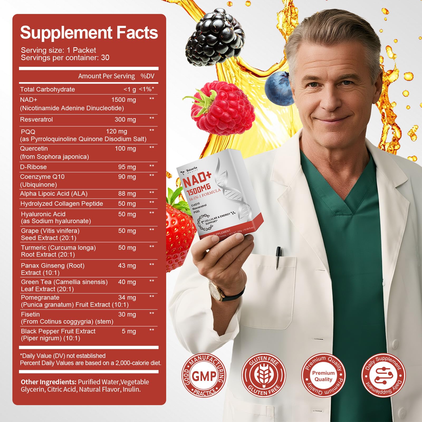 Totaria NAD+ Liquid Supplement sachet opened showing liquid