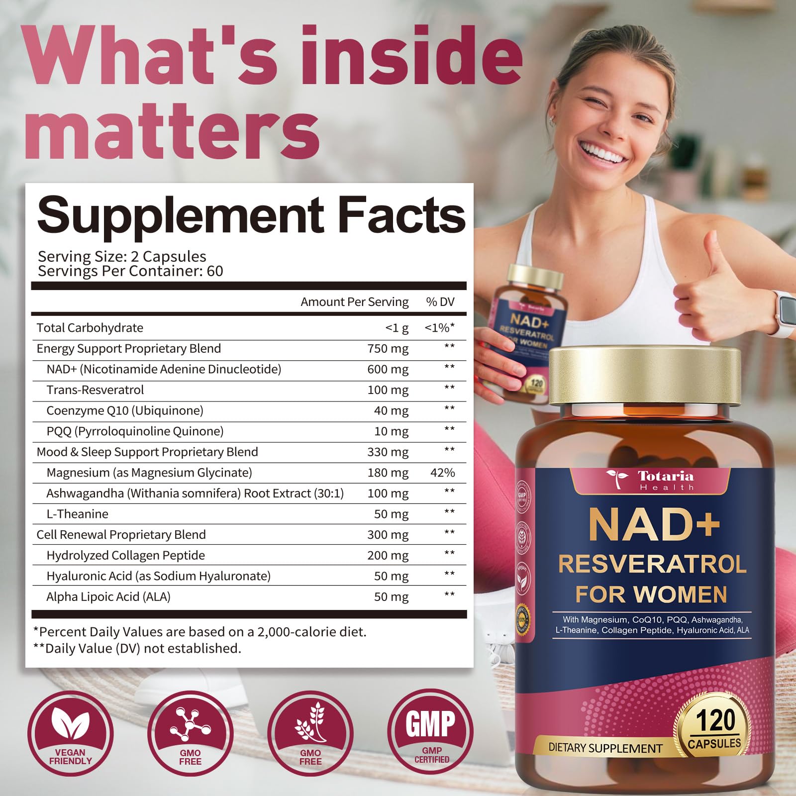 Totaria NAD+ Supplement for Women displayed with a glass of water