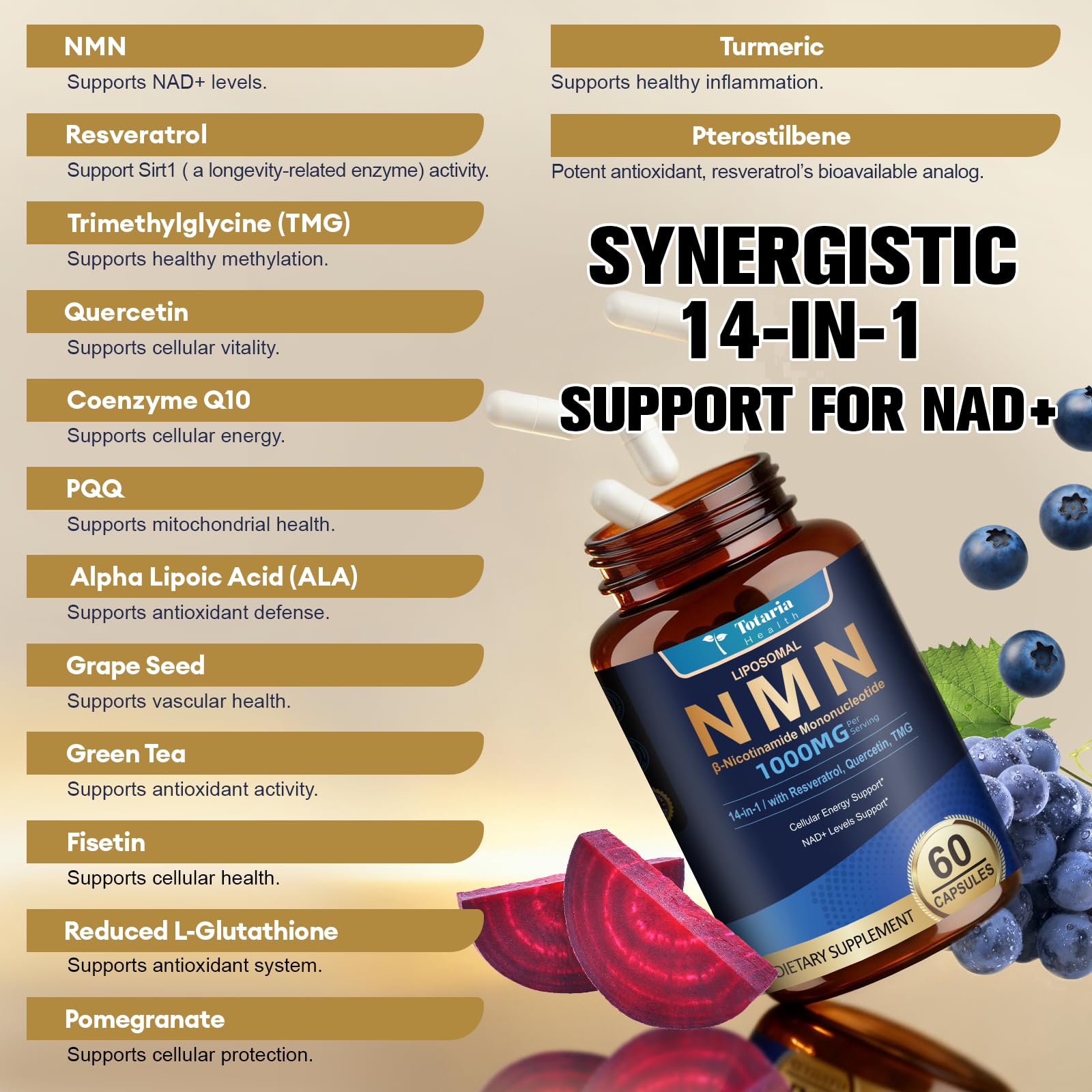 Totaria NMN Resveratrol Supplement 1000mg capsules on a wooden table