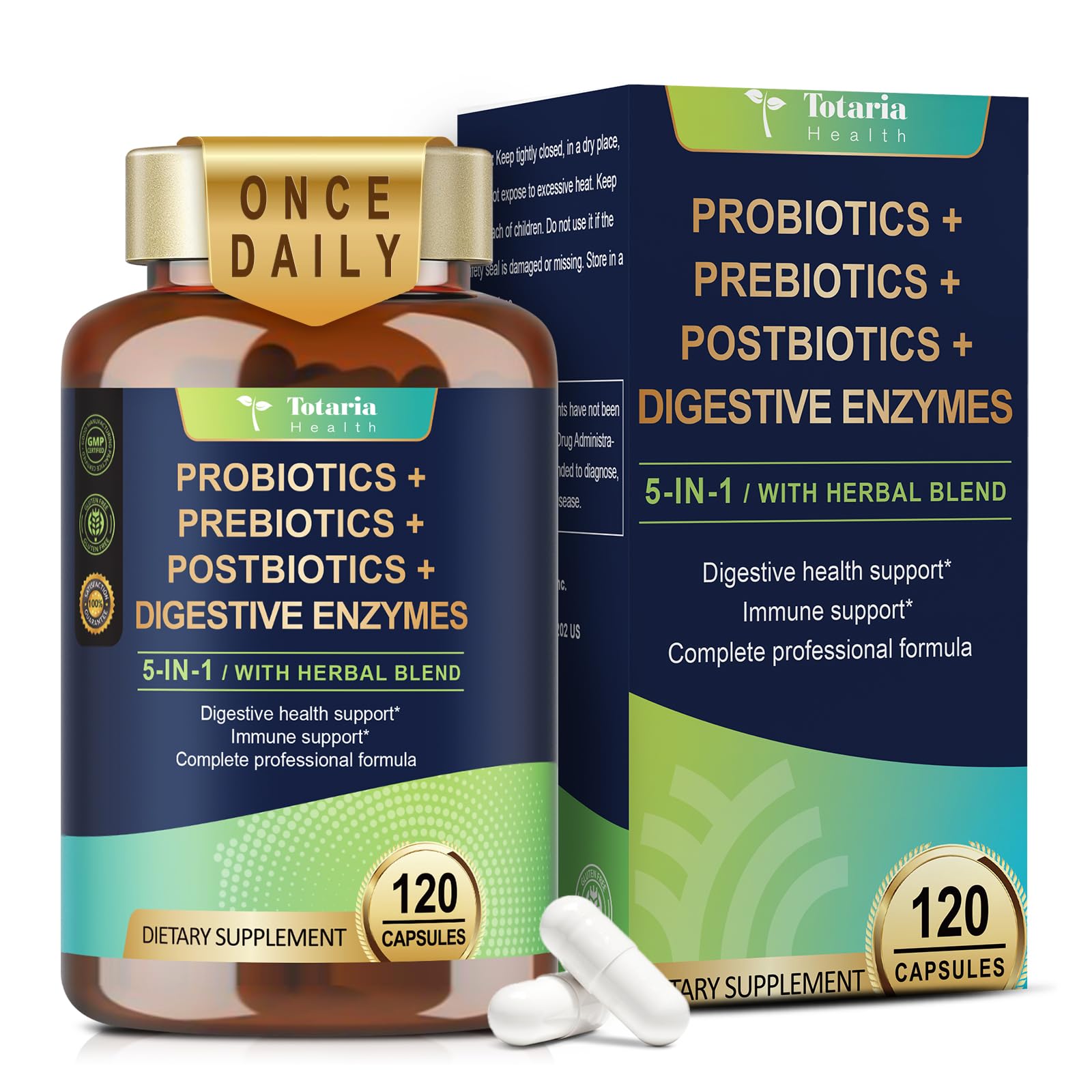 Totaria Prebiotic Probiotic Capsules front view with packaging