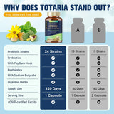 Totaria Prebiotics capsule bottle with fresh herbs