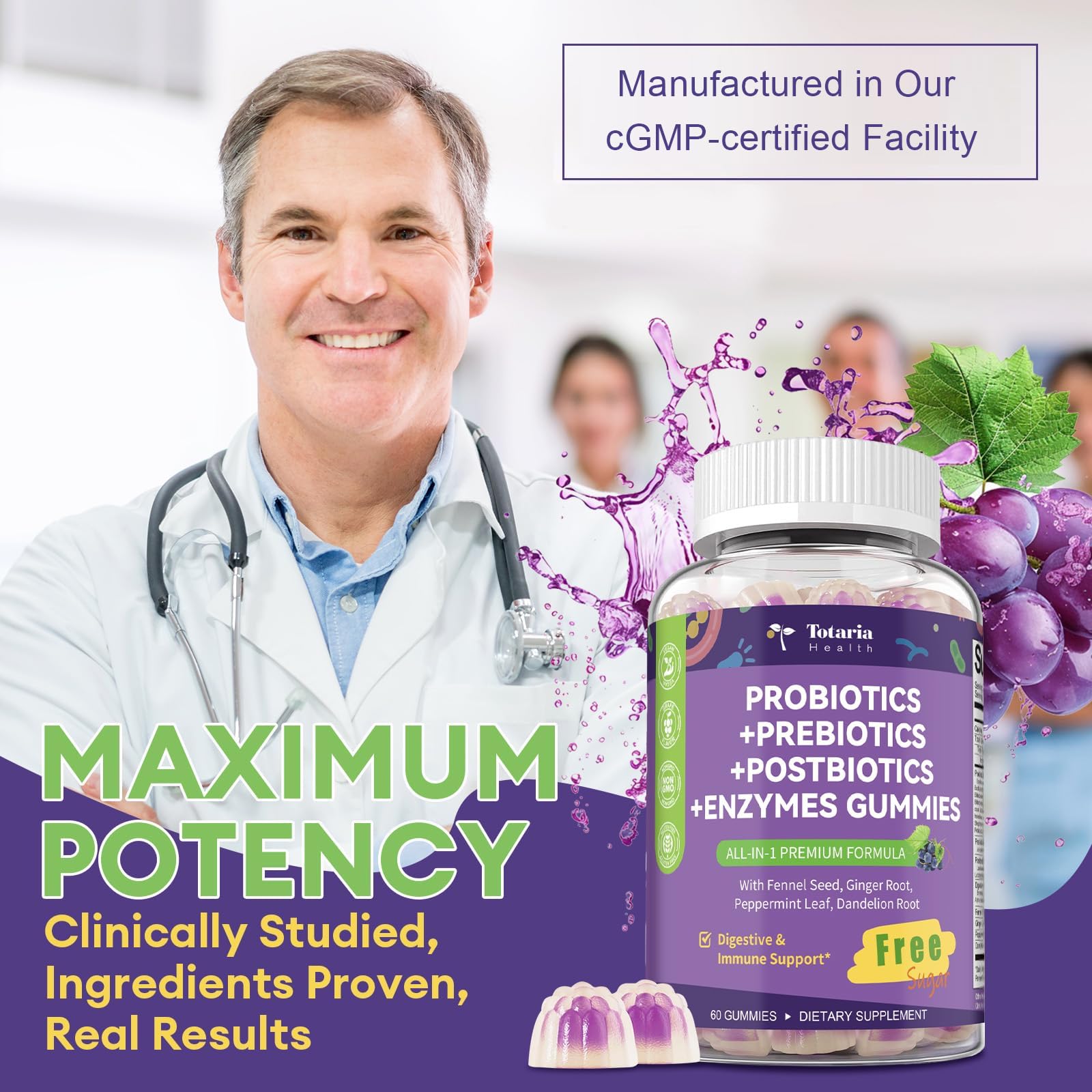 Totaria Probiotics Gummies with a glass of water