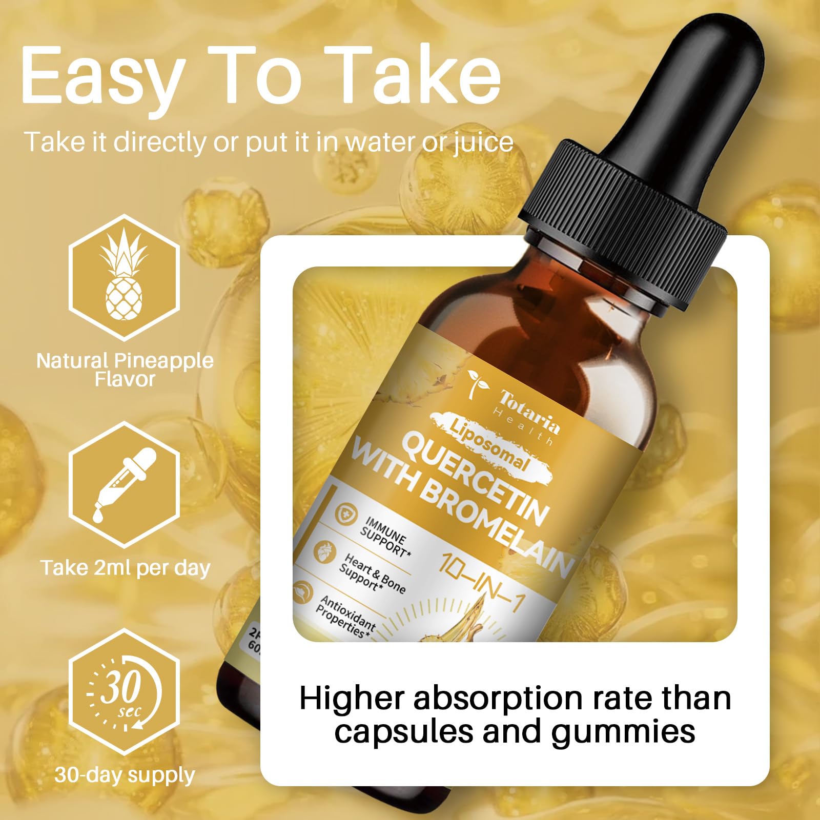 Totaria Quercetin with Bromelain Liquid Drops on a kitchen counter