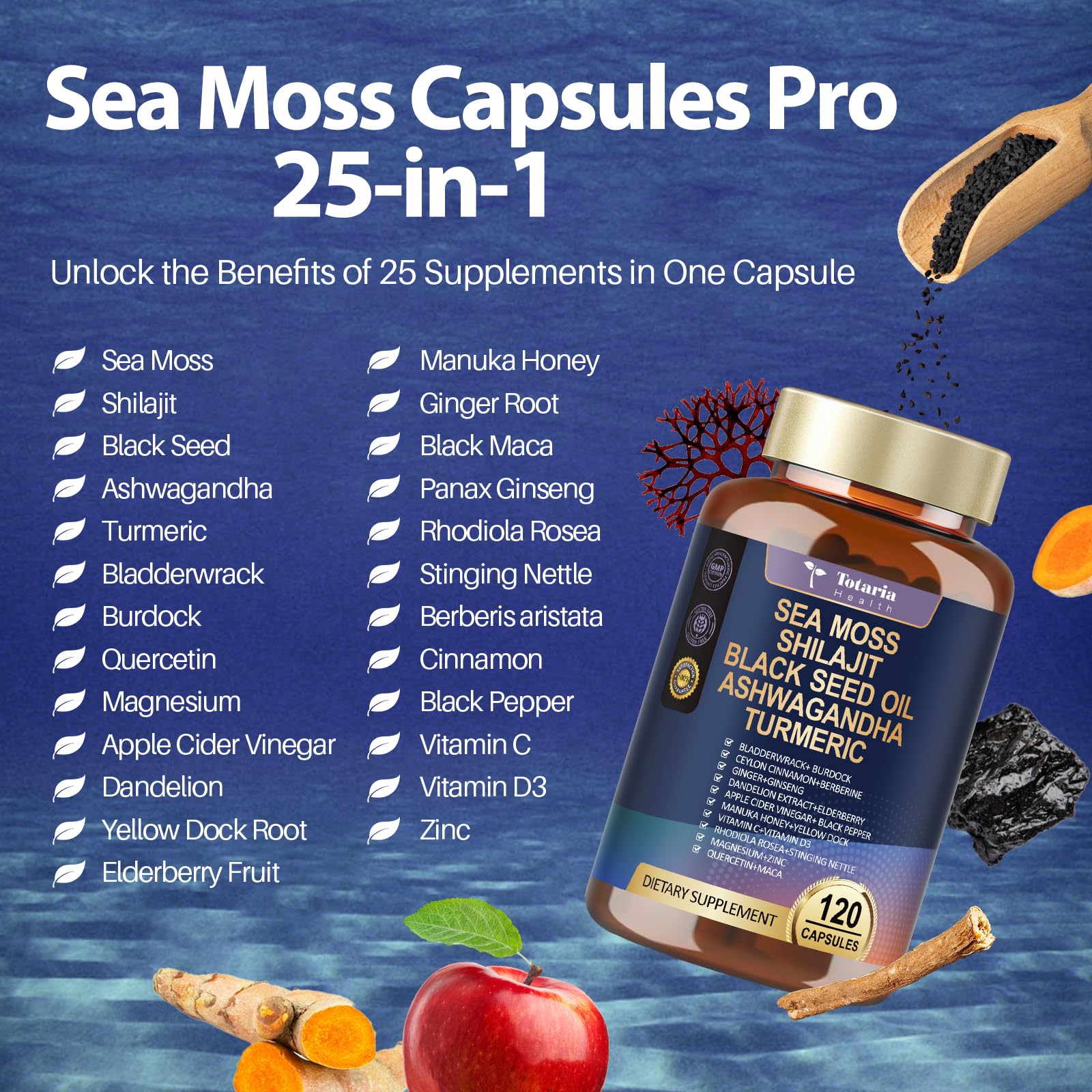 Totaria Sea Moss Capsules side view showing label