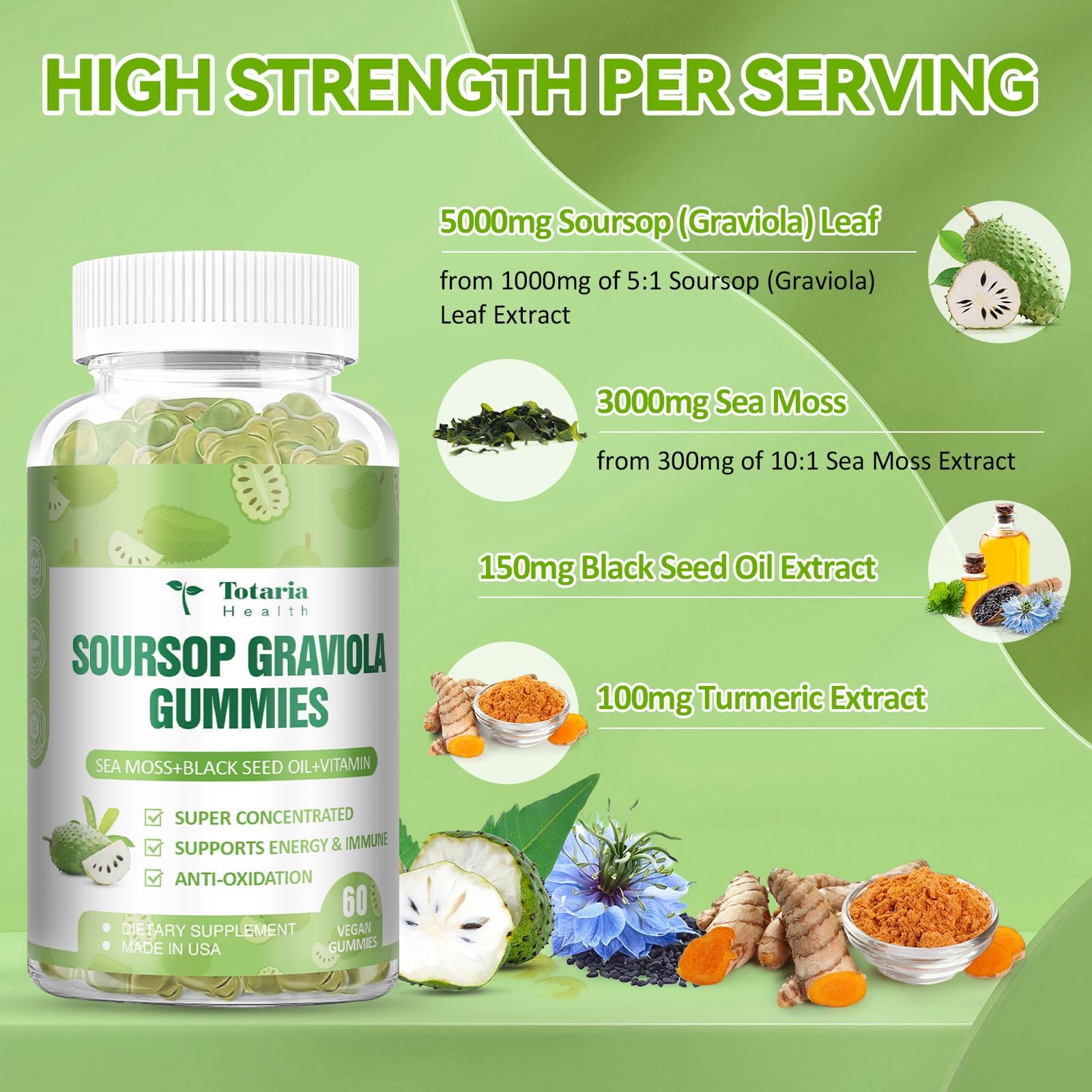 Totaria Soursop Graviola Gummies 200g back view with ingredient list