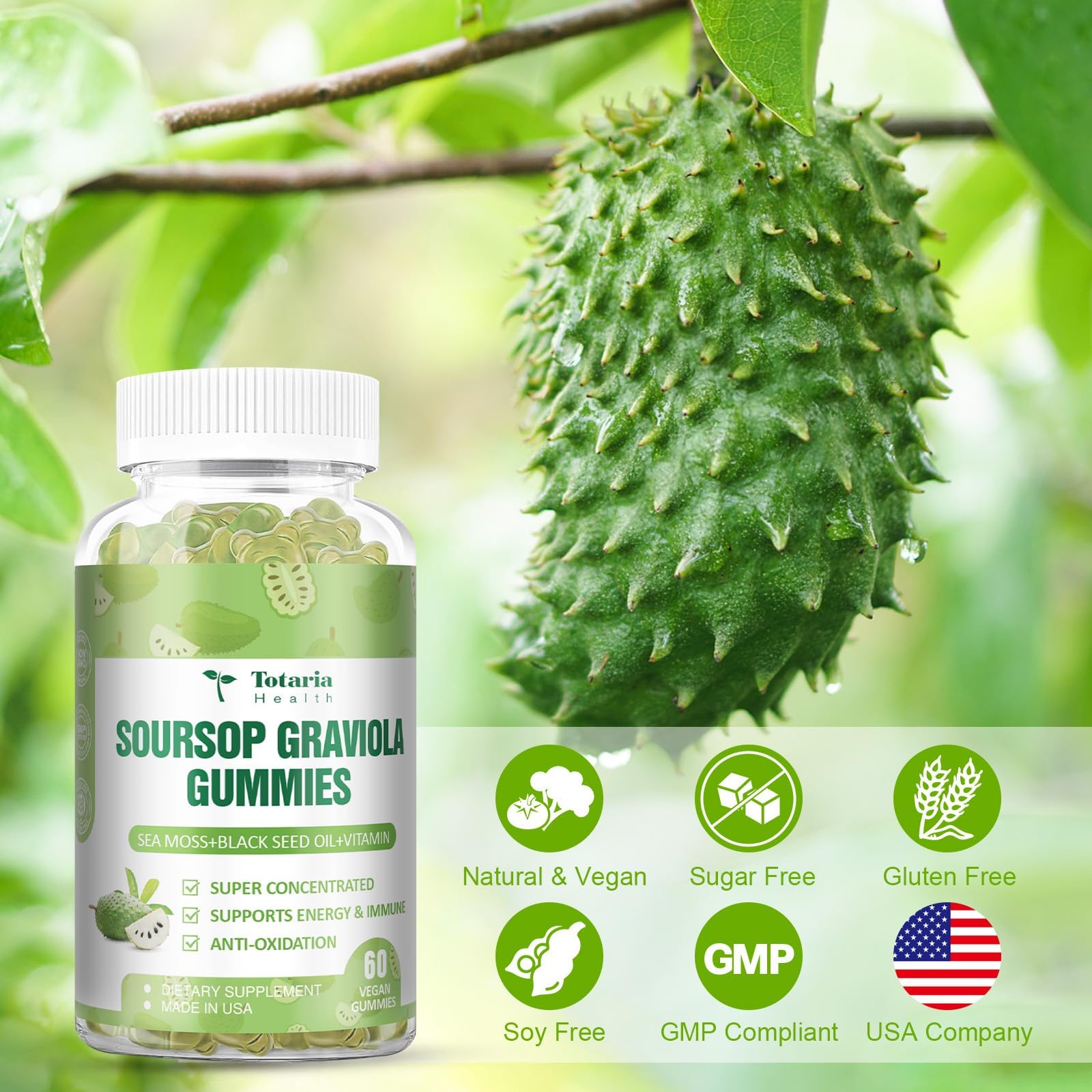 Totaria Soursop Graviola Gummies with fresh soursop fruit
