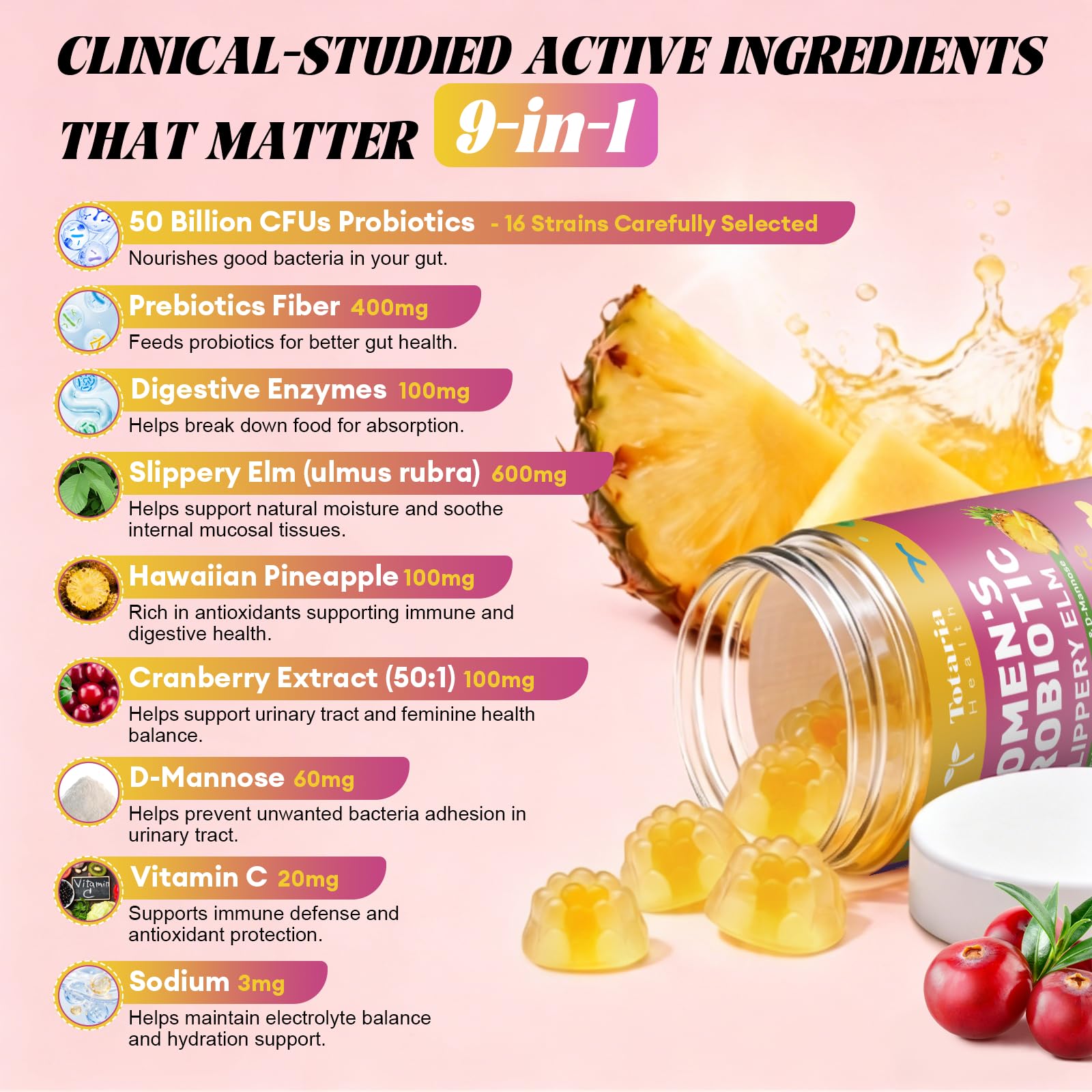 Totaria Women’s Probiotic Gummies displayed with ingredients on a wooden surface