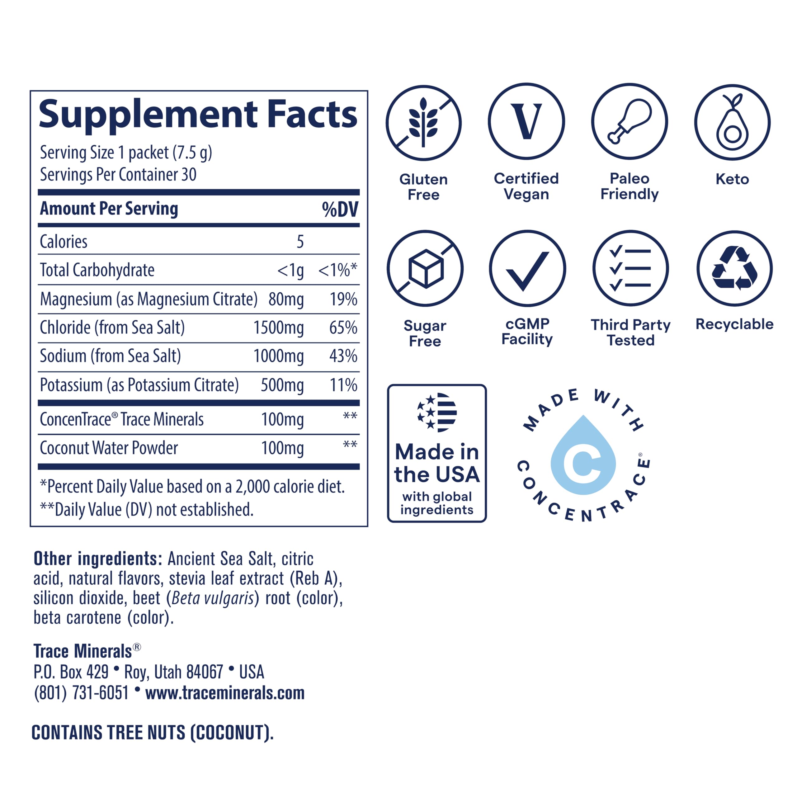 Trace Minerals Ancient Sea Salt Supplement side view showing ingredients
