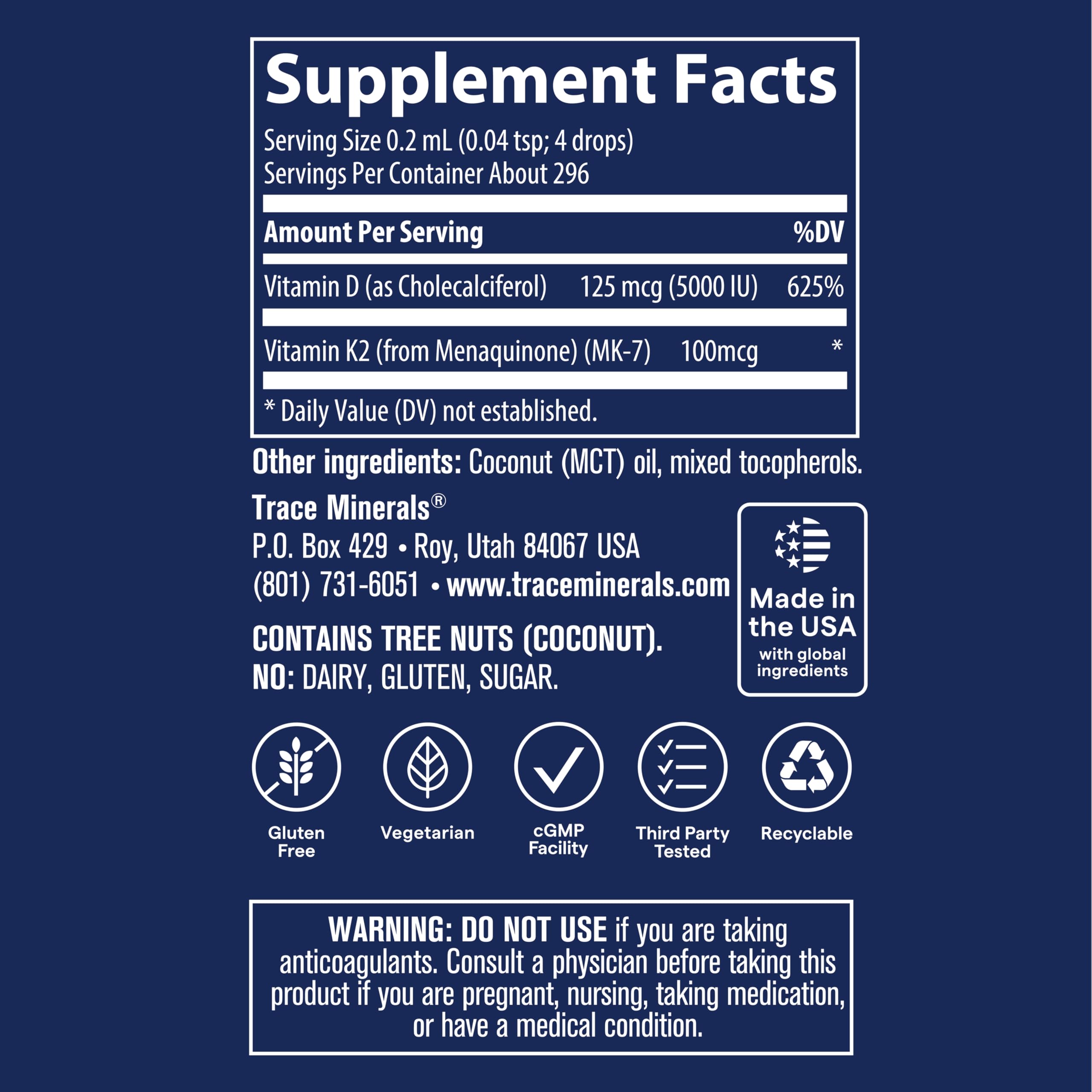 Trace Minerals Ionic D3 + K2 supplement ingredients list