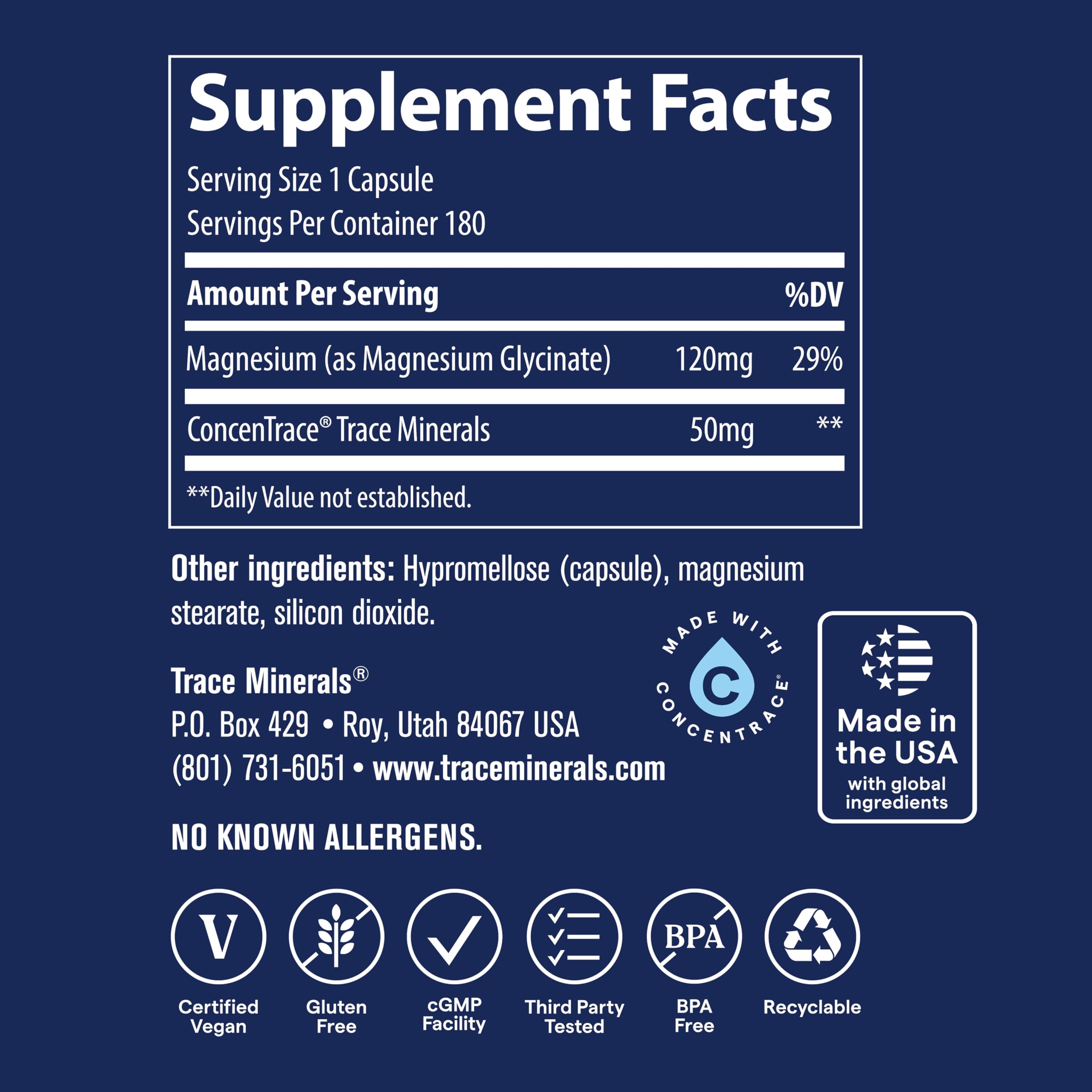 Trace Minerals Magnesium Glycinate Capsules on wooden table