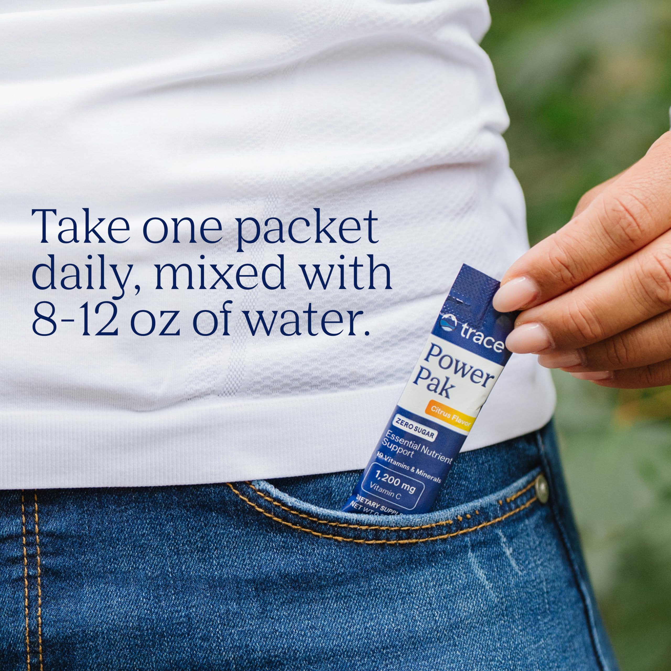Trace Minerals Power Pak Multivitamin Drink Mix powder in a glass of water